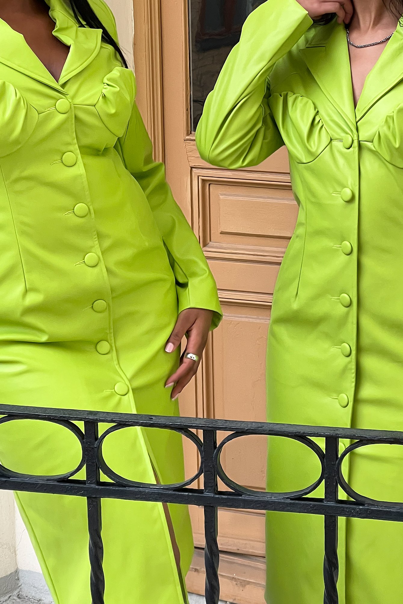 Lime PU midi-jurk met ingerimpelde borst