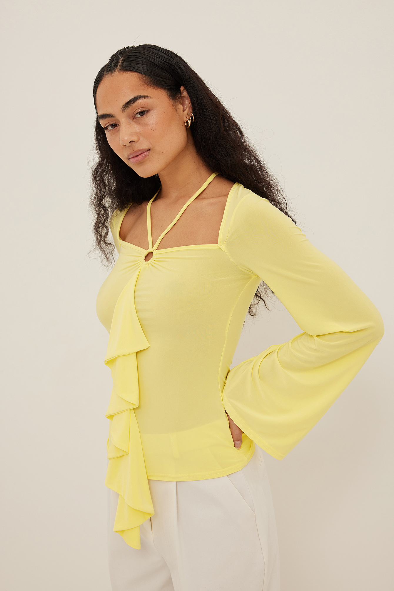 NA-KD Trend Frill Detail Halterneck Top - Yellow
