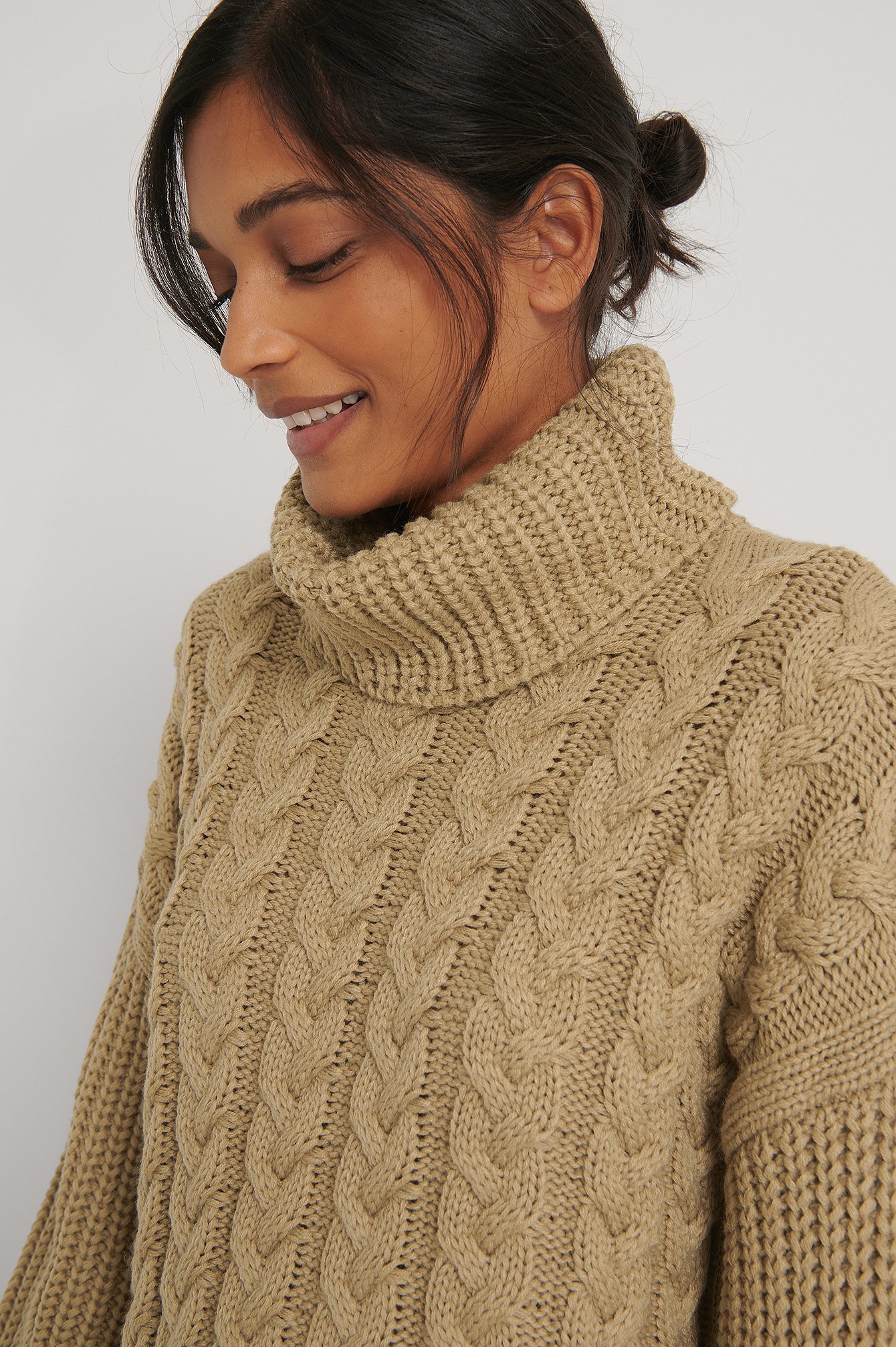 Beige High Neck Cable Long Knitted Sweater