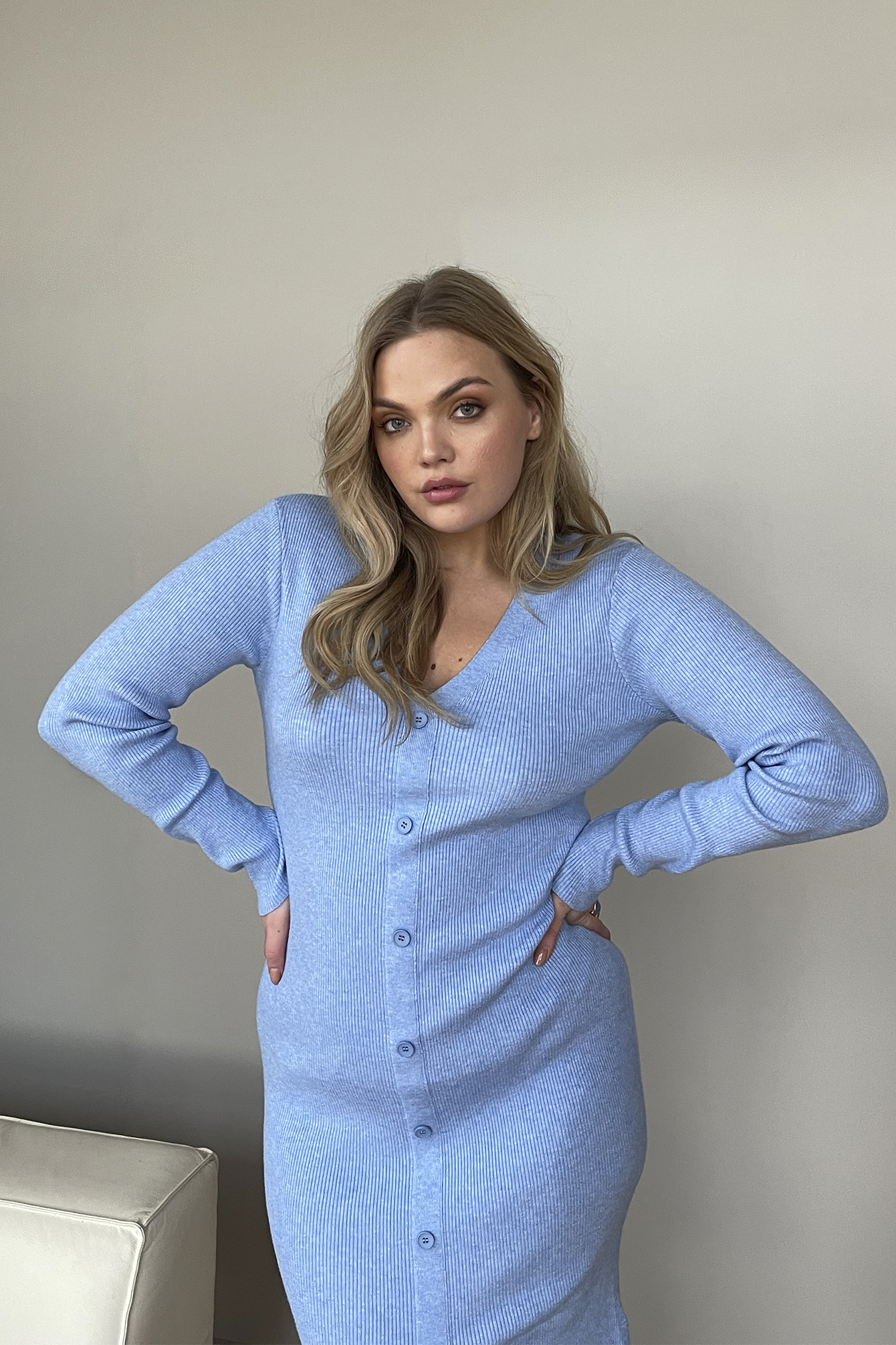 V-neck Rib Knit Dress Blue | na-kd.com