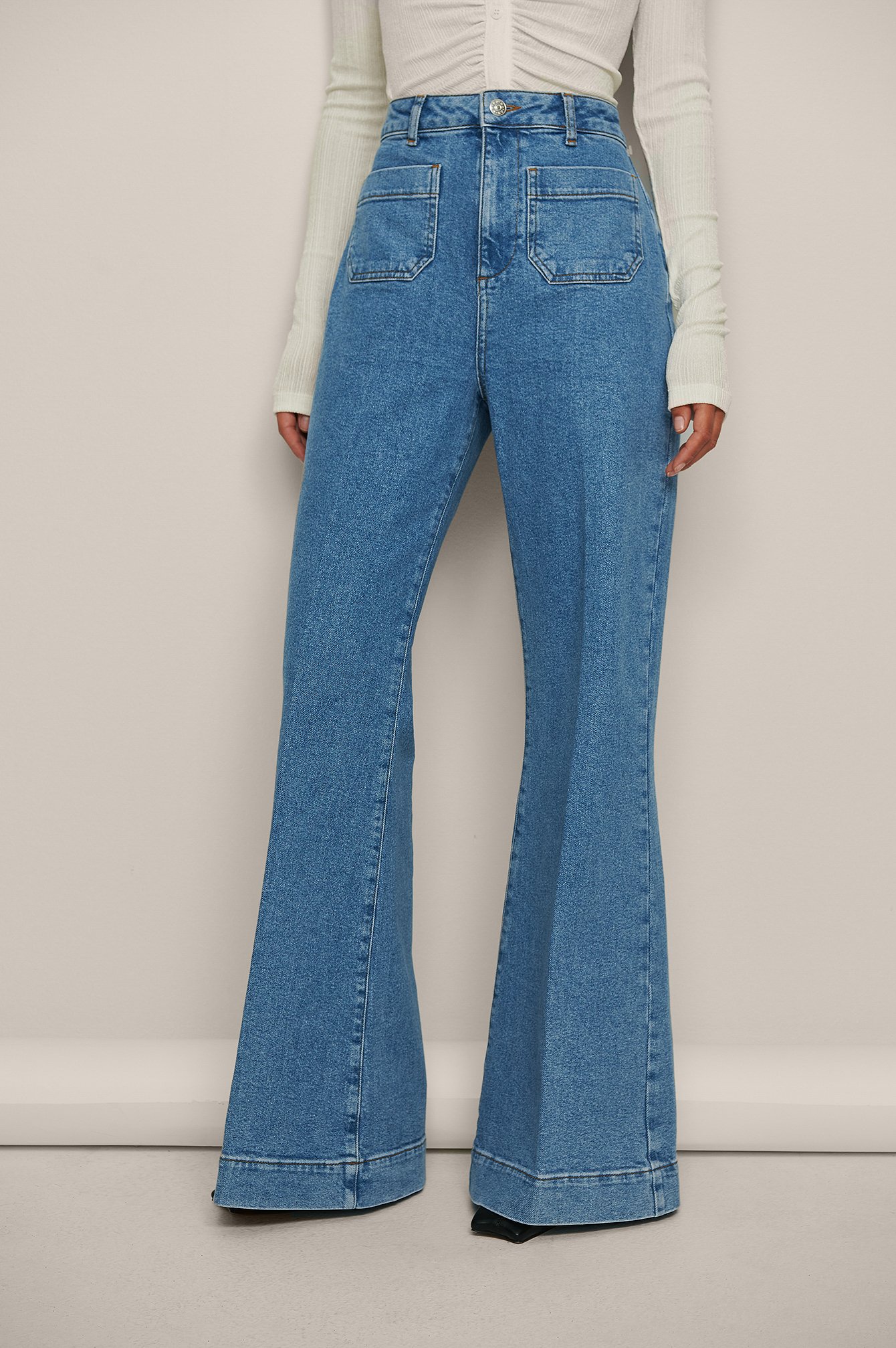Mid Blue Organic 70´s Front Pocket Wide Leg Jeans