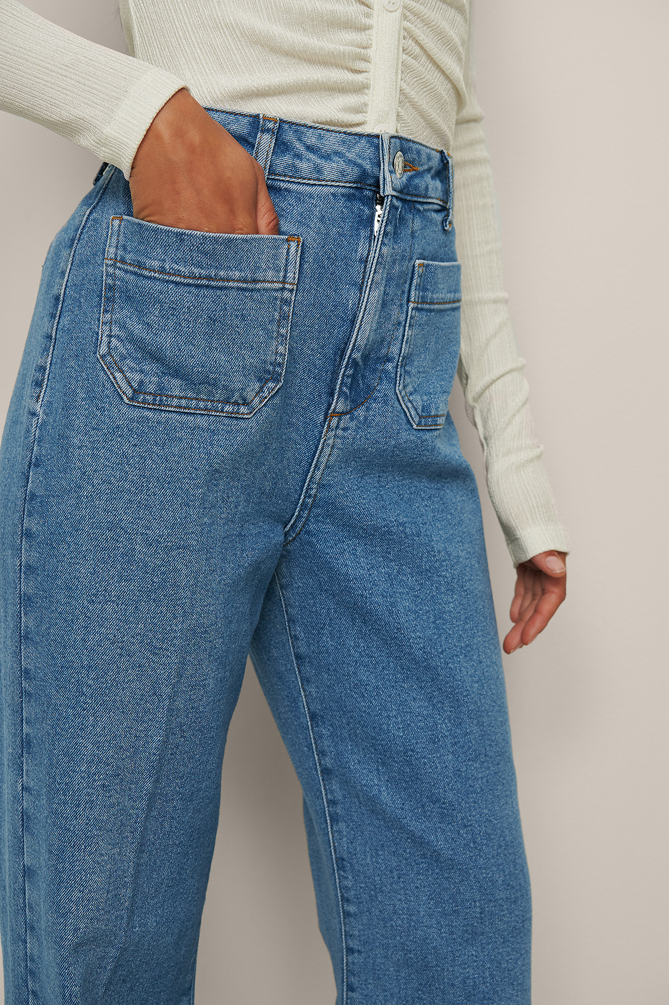 Mid Blue Organic 70´s Front Pocket Wide Leg Jeans