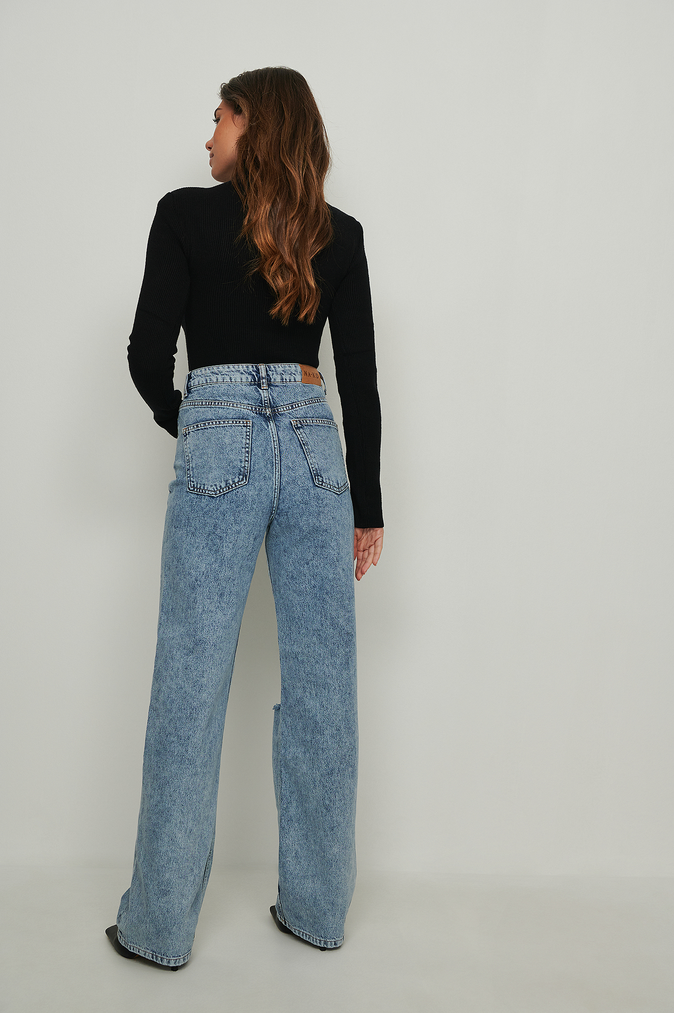 Acid Wash Wide Leg Destroyed Jeans Blue 