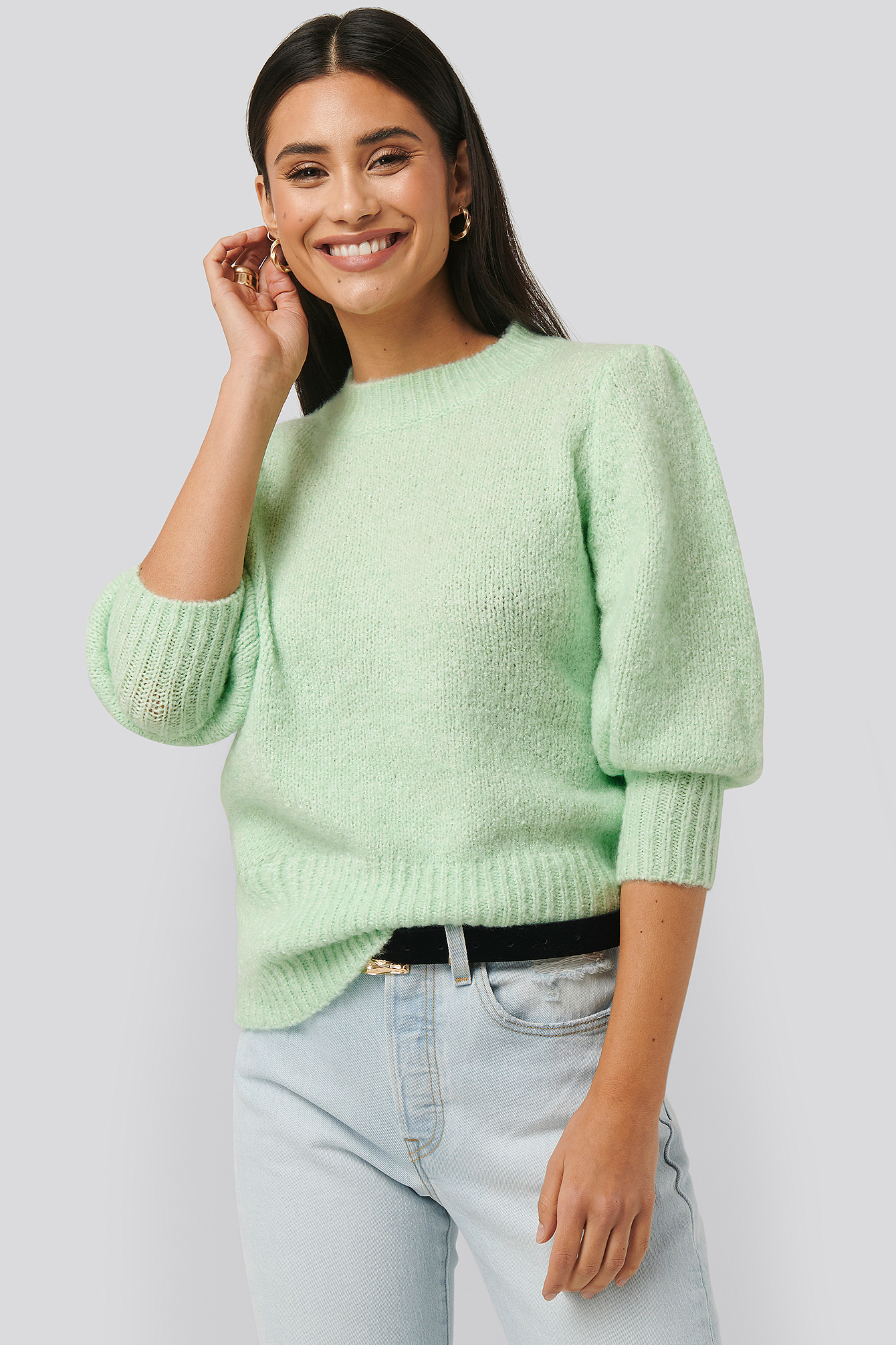 Short Puff Sleeve Knitted Sweater Light Green