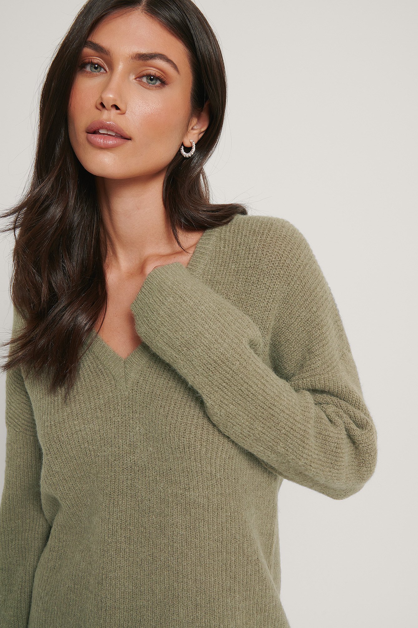 Khaki Alpaca Blend V-neck Knitted Sweater