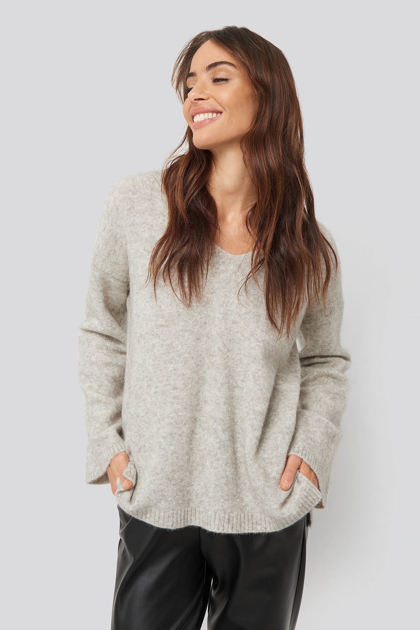 Light Grey Alpaca Knitted V-Neck Sweater