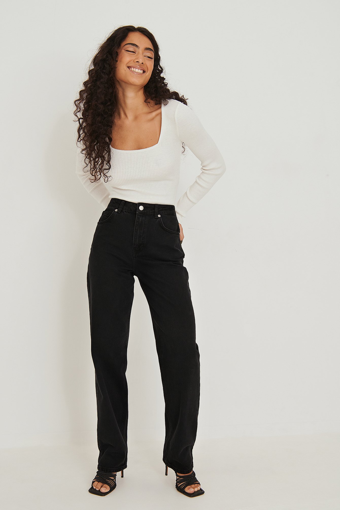 TOPSHOP Denim Belted High Waisted Jeans in Black Womens Clothing Jeans Straight-leg jeans 