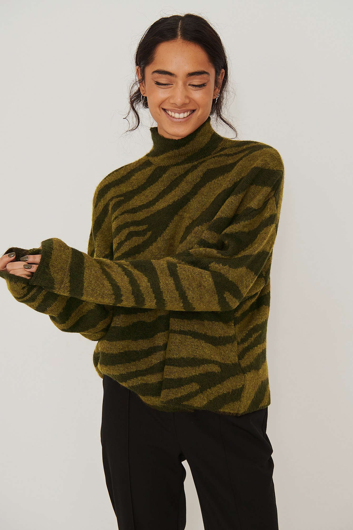 Beige/Green Strikket swirl-sweater i jacquard