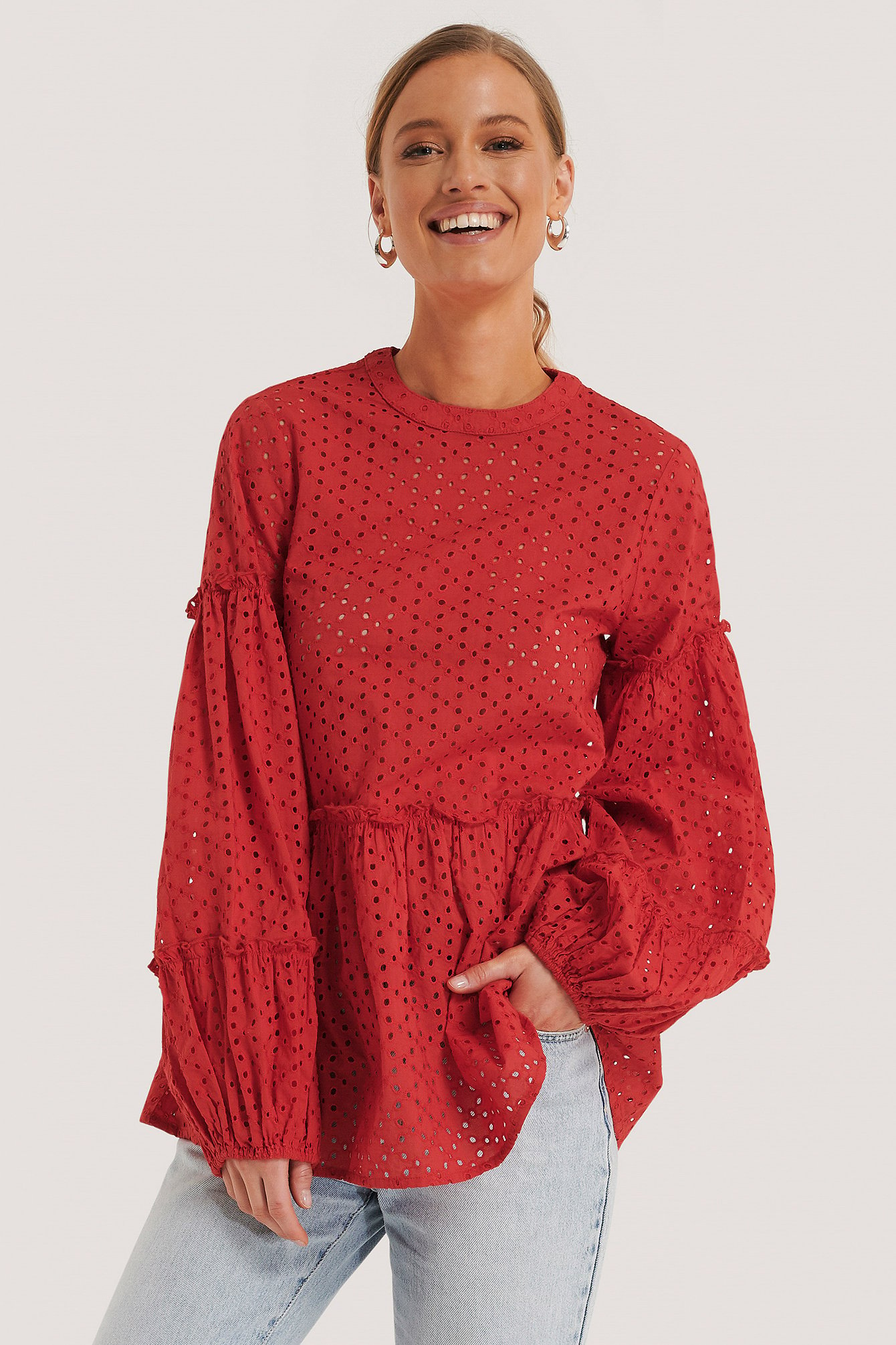 Bright Red Anglaise Balloon Sleeve Frill Blouse