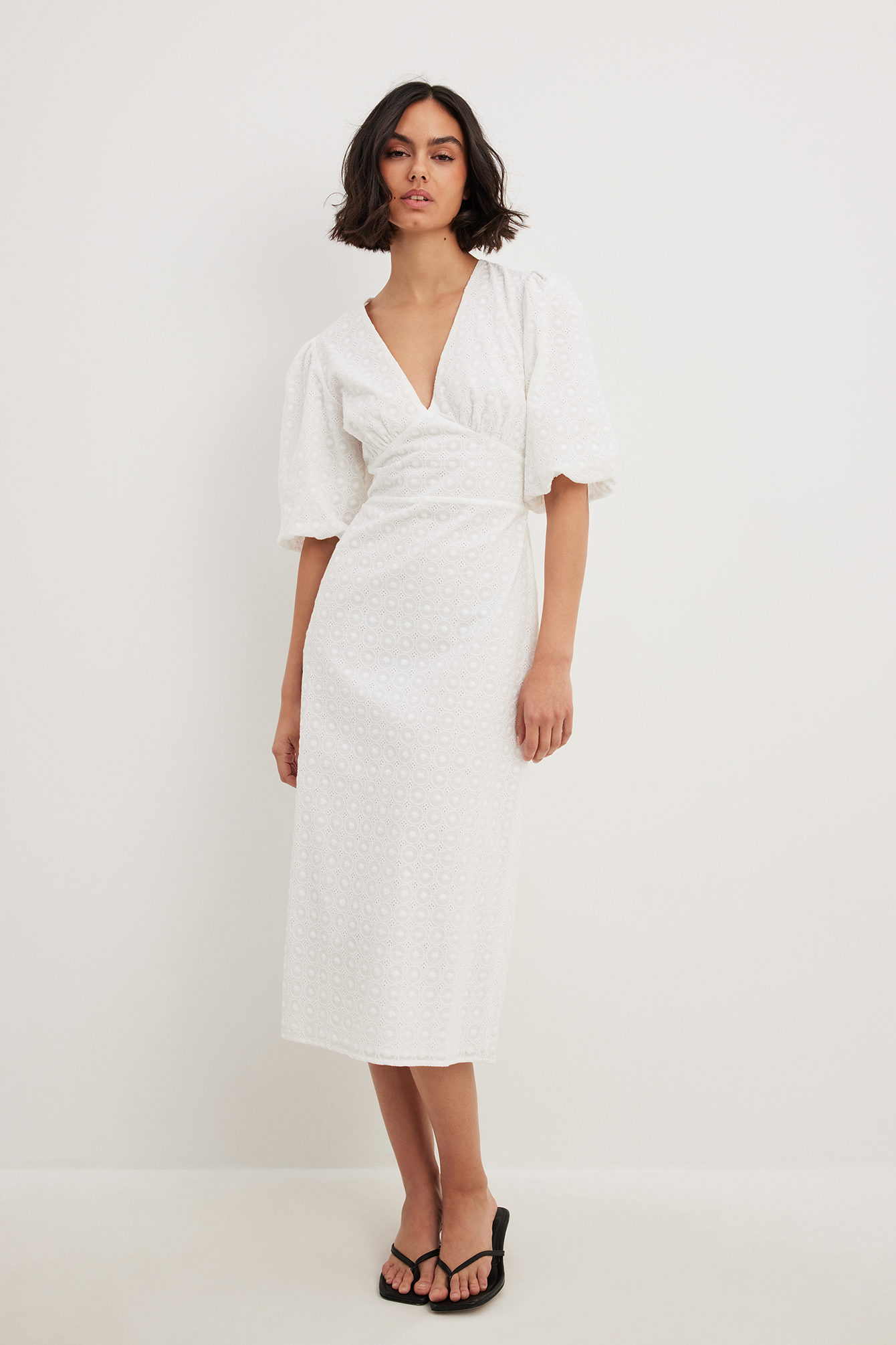 NA-KD Anglaise Puff Sleeve Midi Dress - Graduation Dresses - White - EU 38 - NA-KD / NAKD