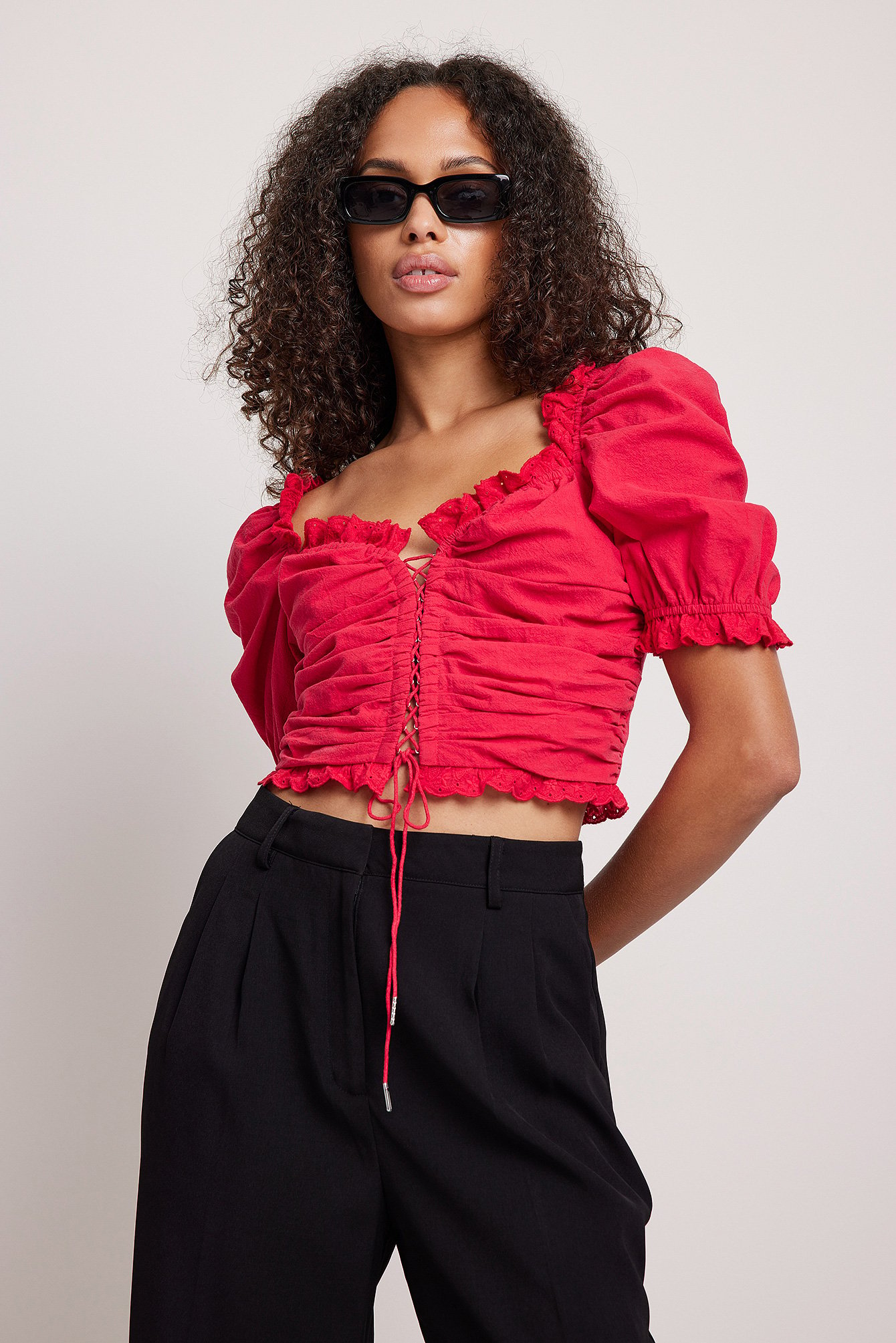 Red Anglaise Detail Cotton Top