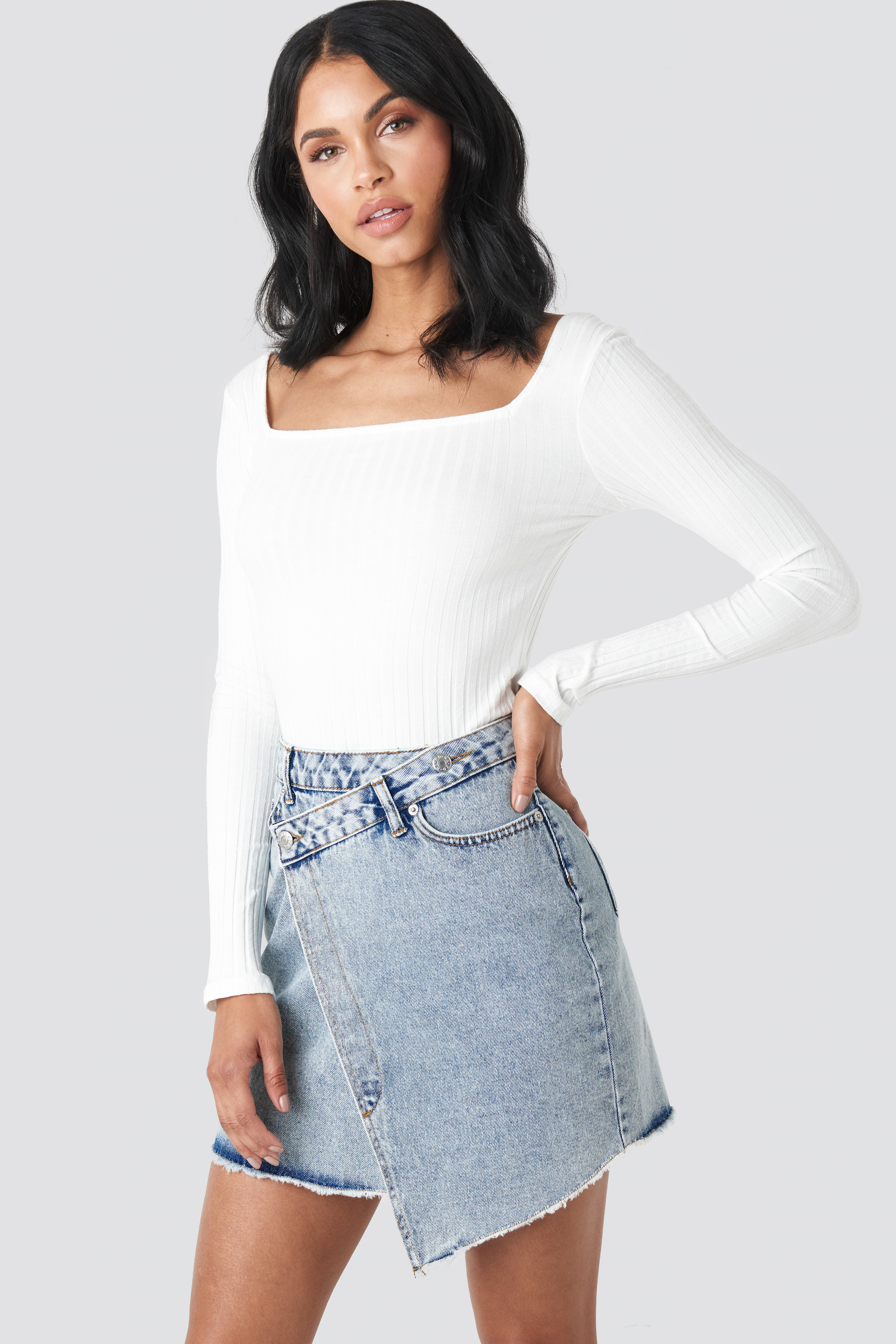 Assymetric Closure Denim Skirt Mid Blue