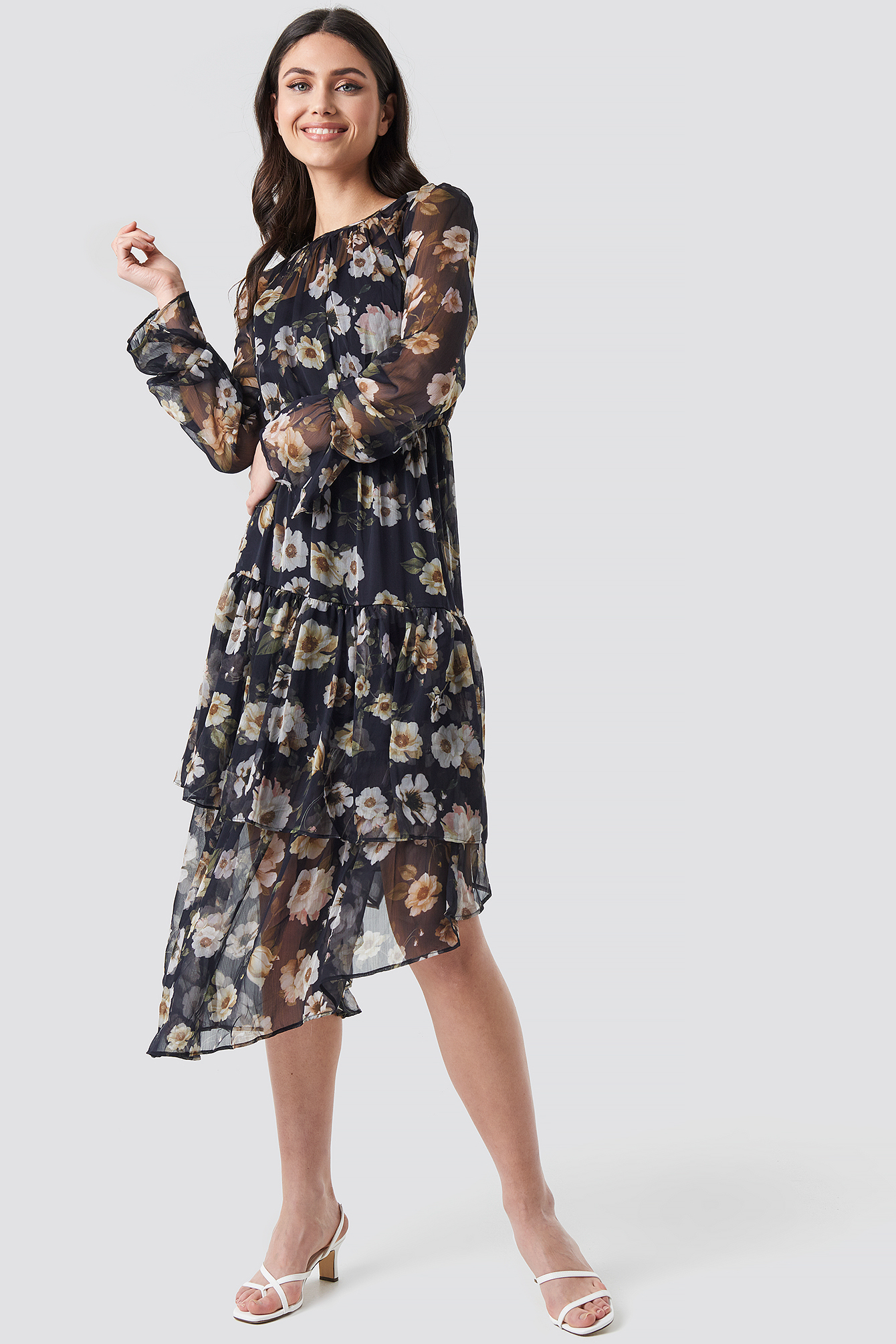 Asymmetric Chiffon Frill Dress Blue Flower Print