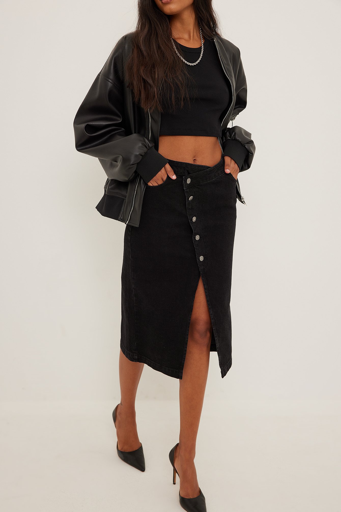Black Organic Asymmetric Denim Skirt