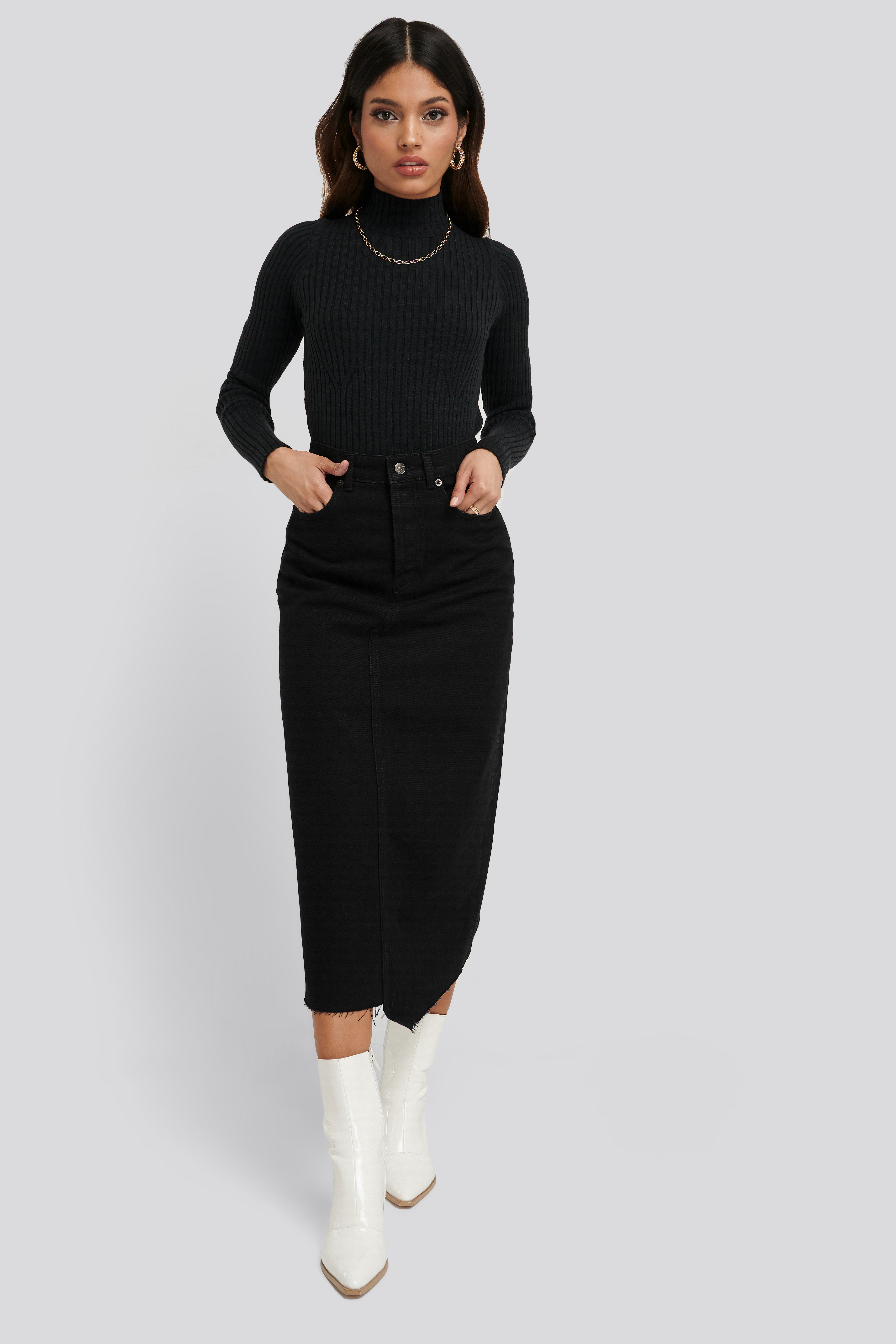 Asymmetric Hem Denim Skirt Black