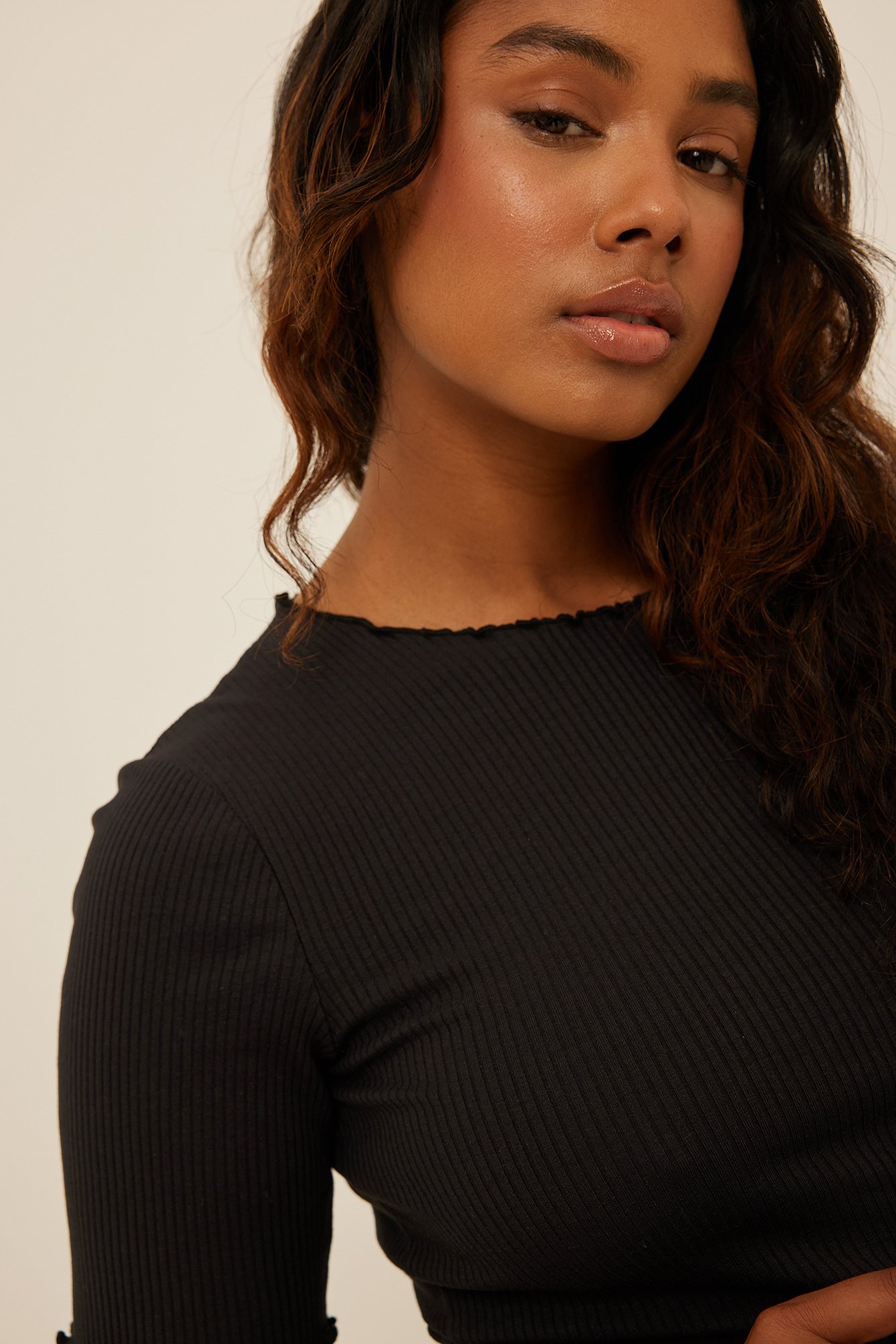 Round Neck Ribbed Top Black