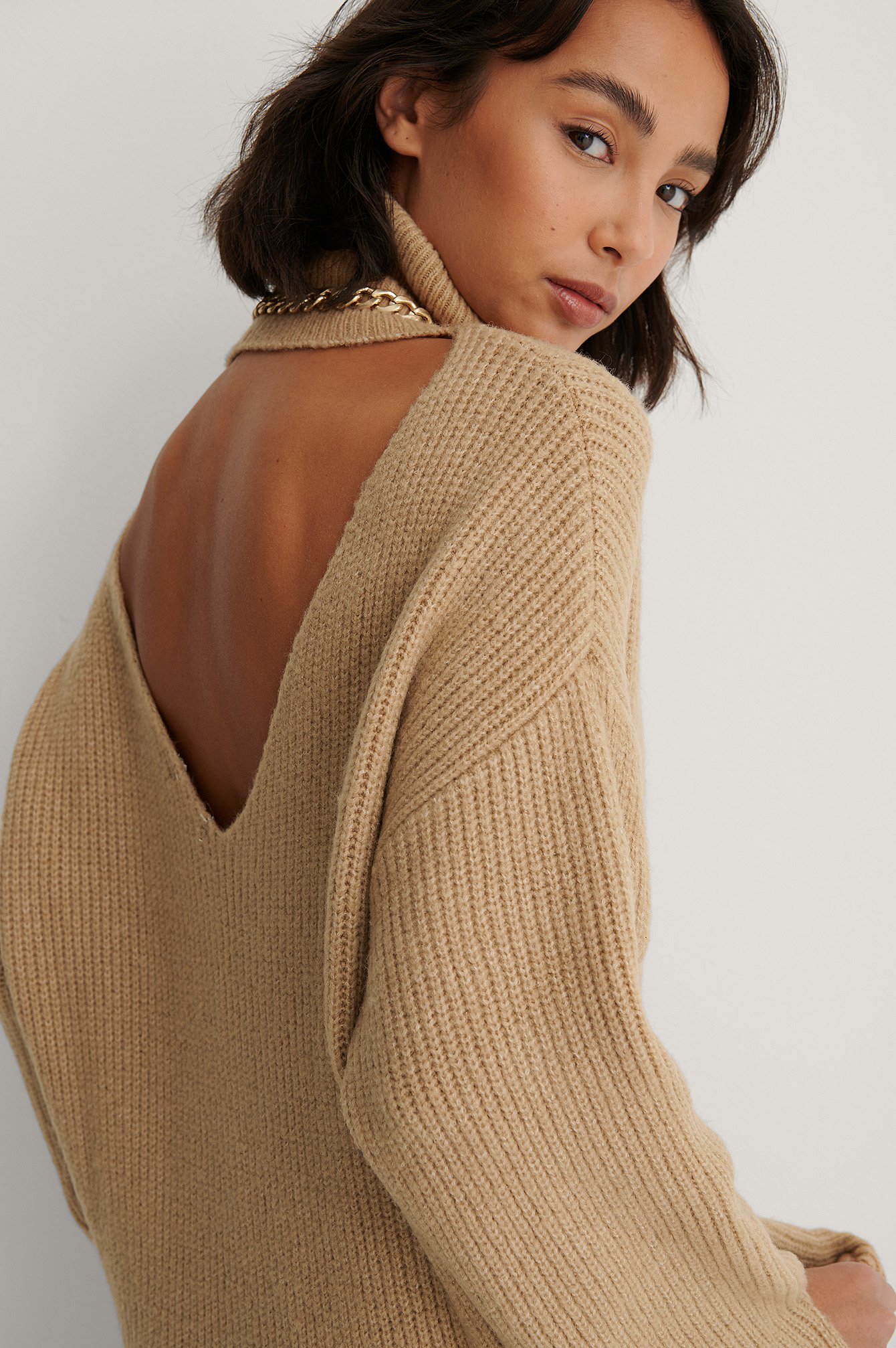 Beige Back Detail Knitted Sweater
