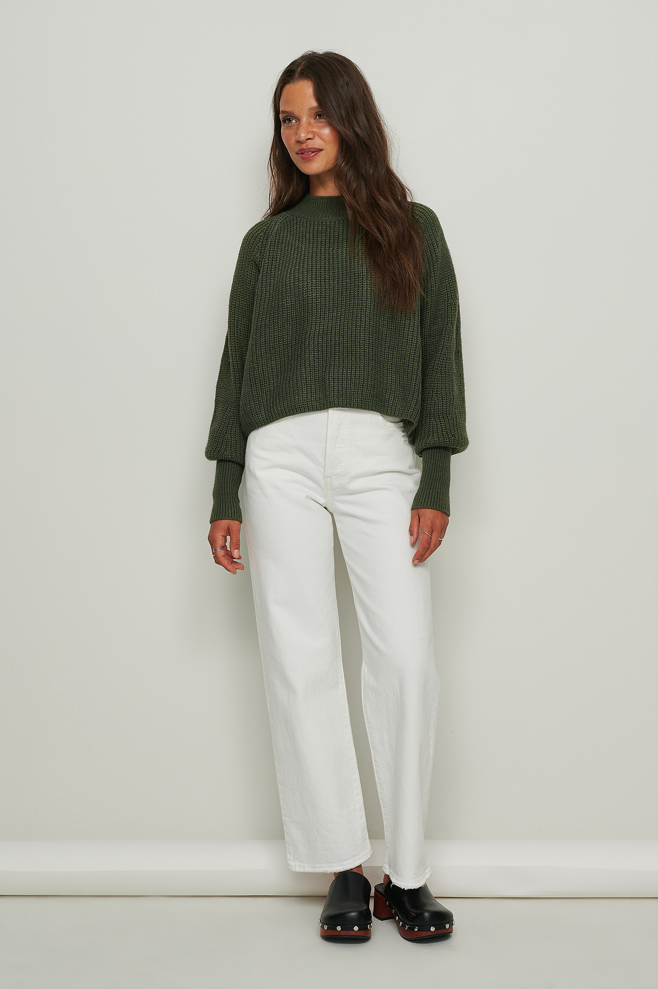 Dark Green Back Detailed Cropped Knitted Sweater