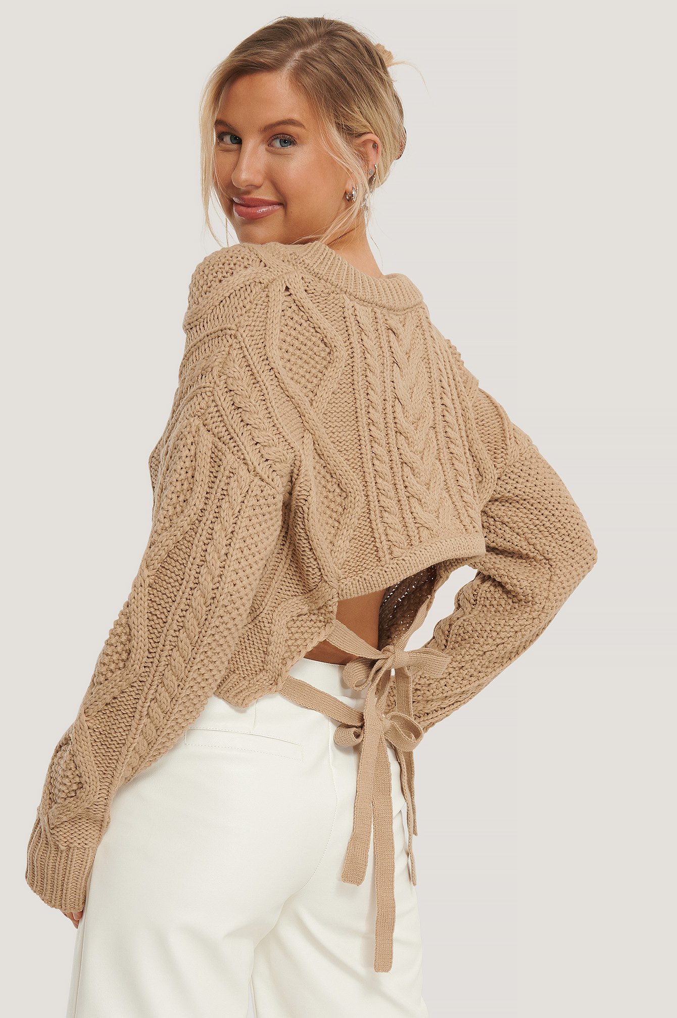 Light Beige NA-KD Trend Back Knot Detail Cable Knit Sweater