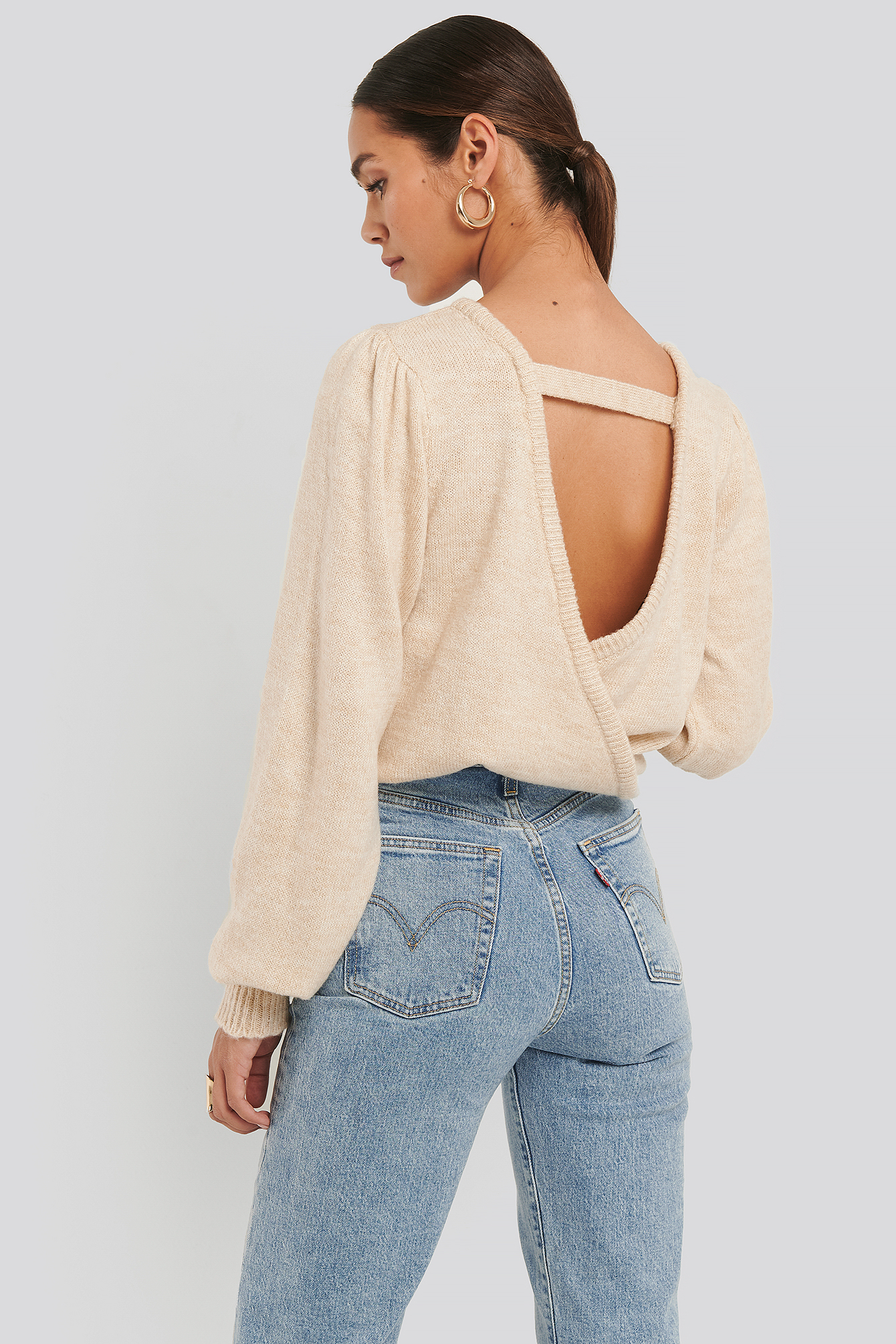 Back Overlap Puff Sleeve Knitted Sweater Beige
