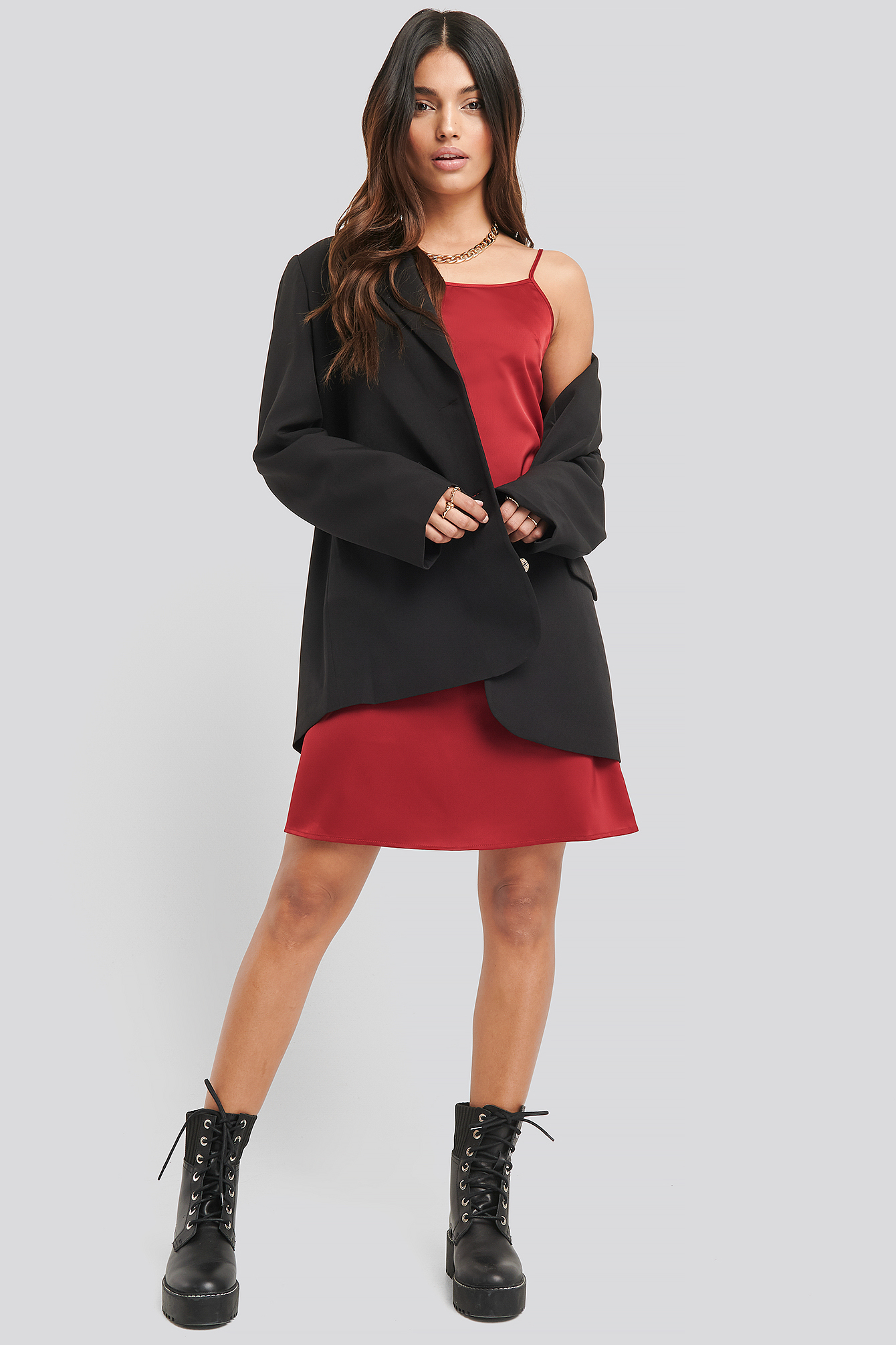 Back Strap Detail Satin Dress Red