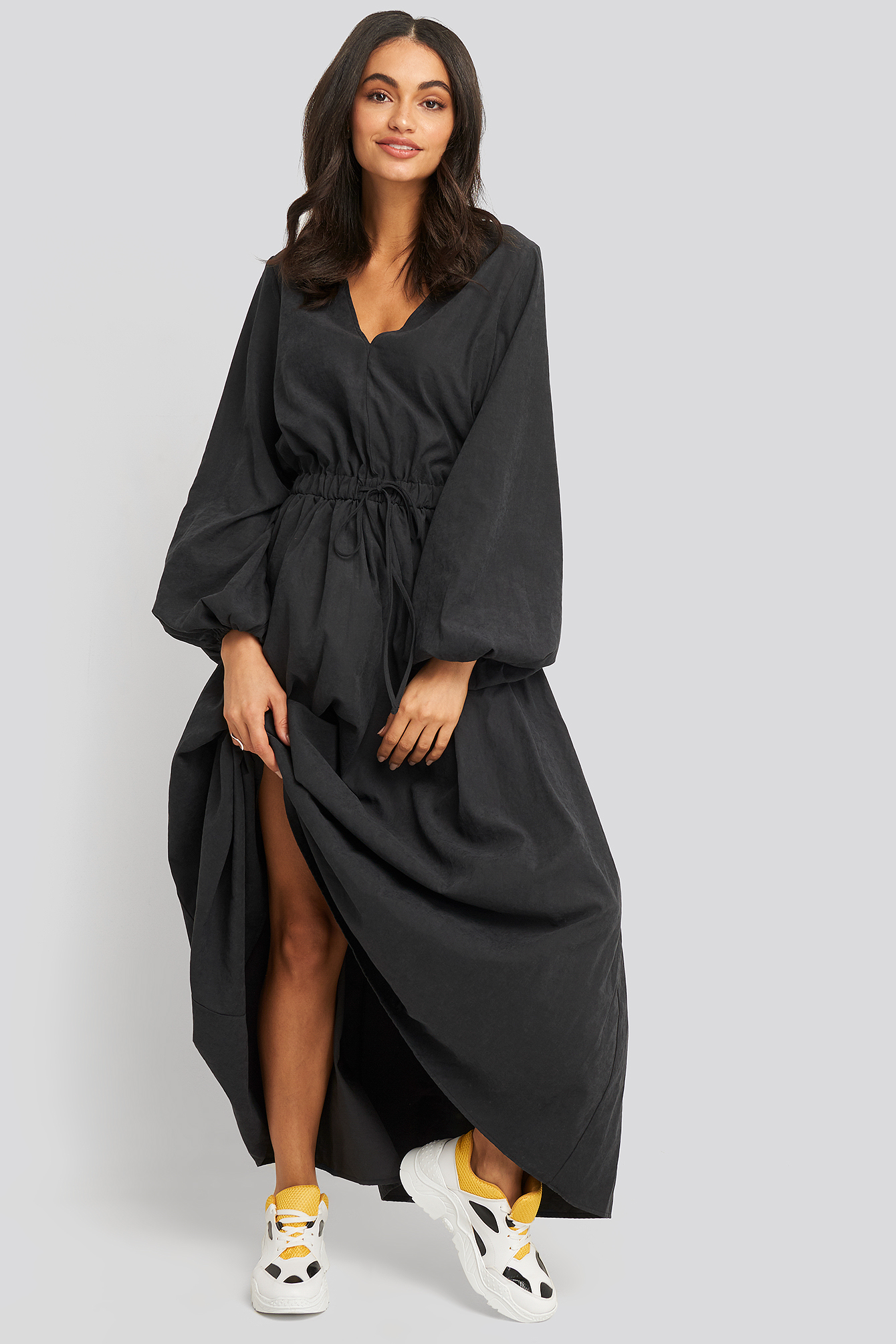 Ballon Sleeve V Front Dress Black