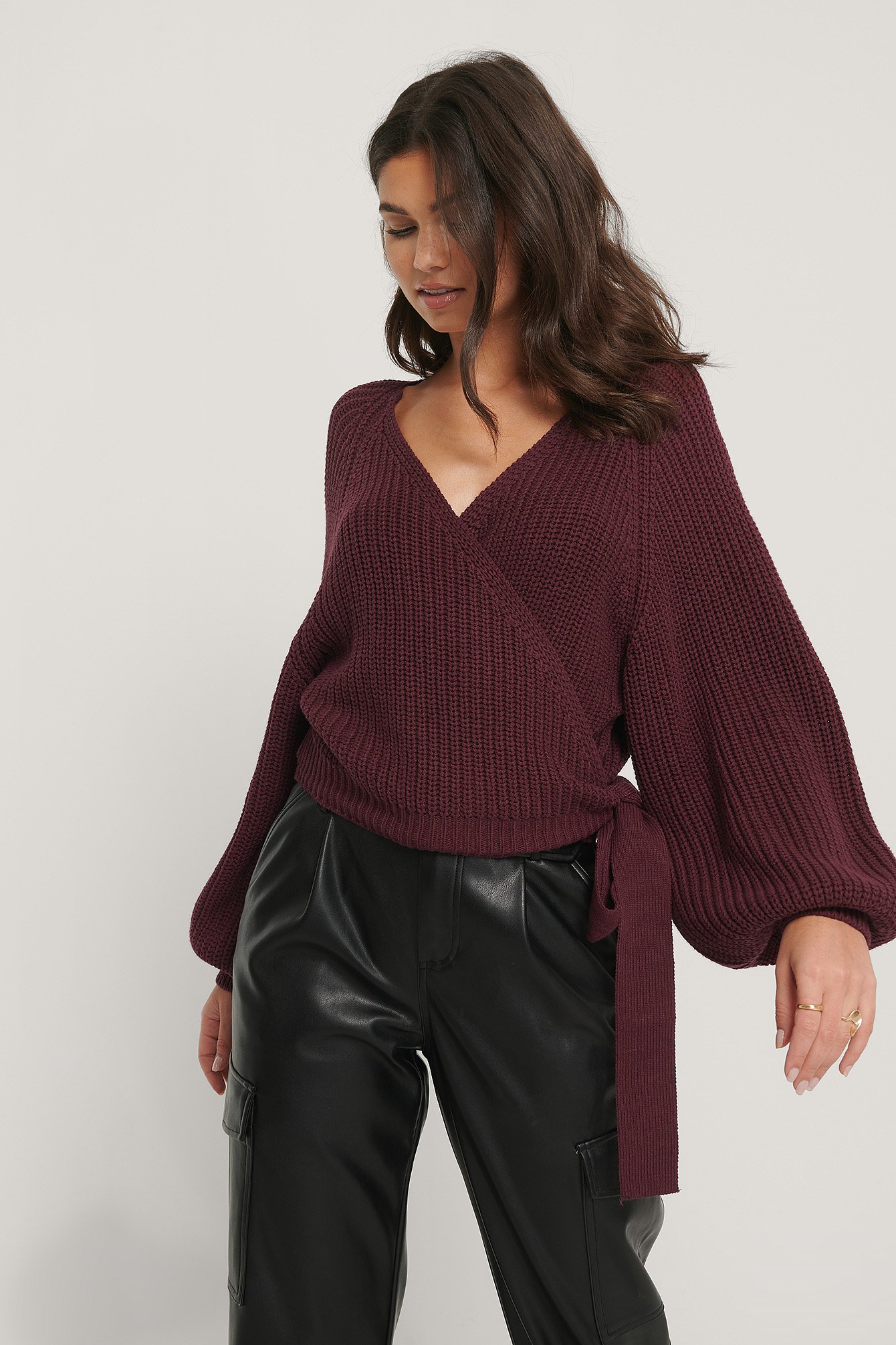 Burgundy Organic Balloon Sleeve Overlap Knitted Sweater