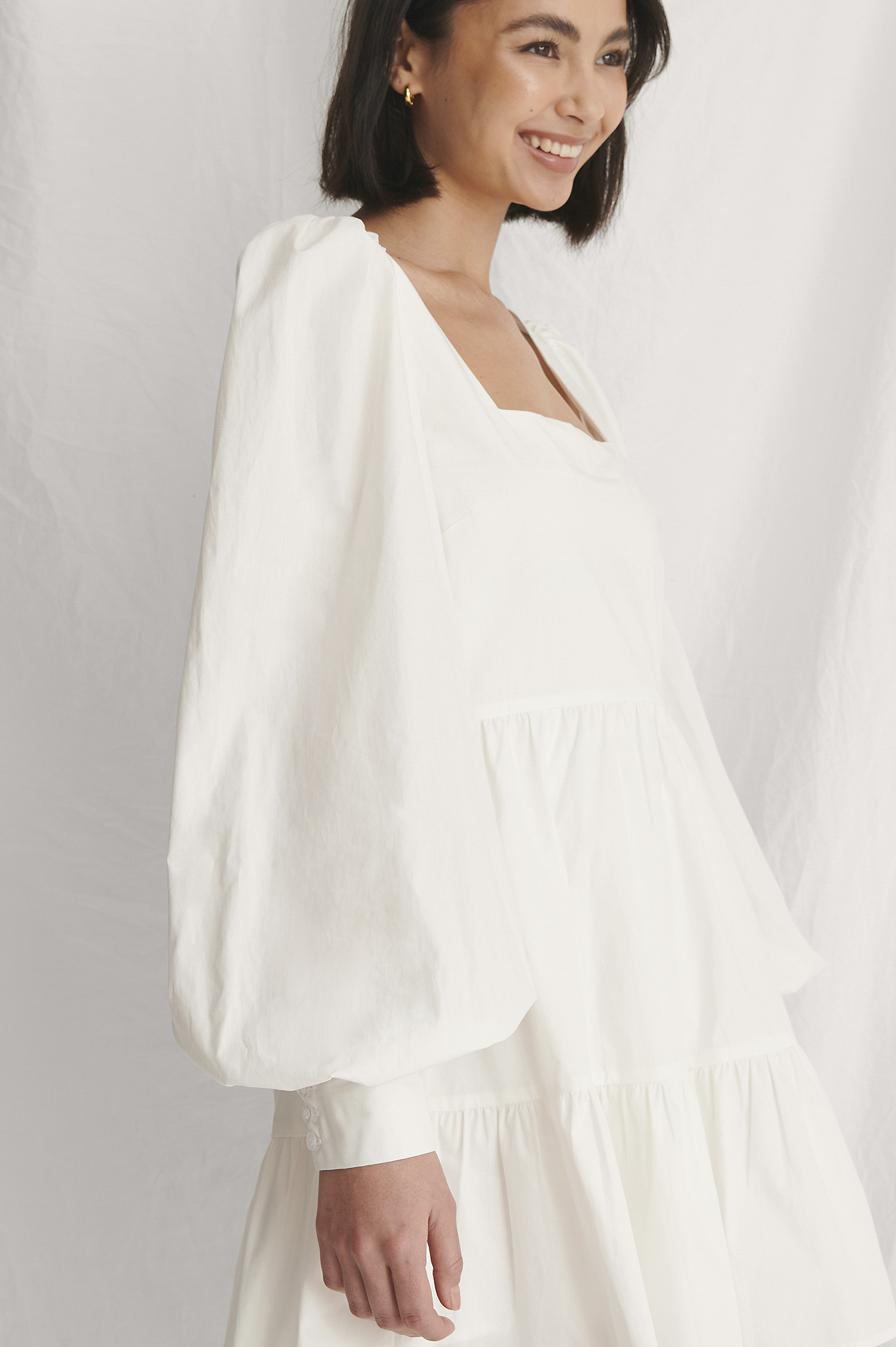 Balloon Sleeve Ruffle Dress White | na 
