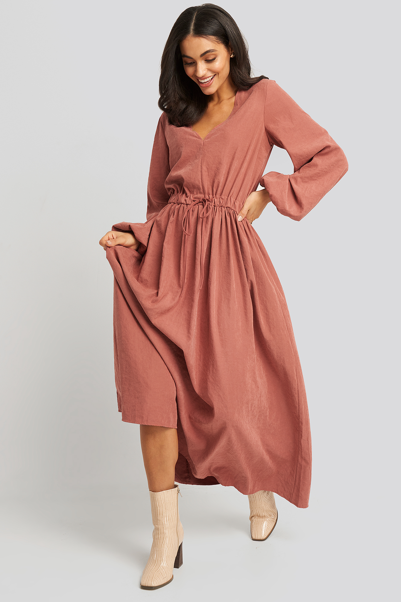 Ballon Sleeve V Front Dress Purple Rose