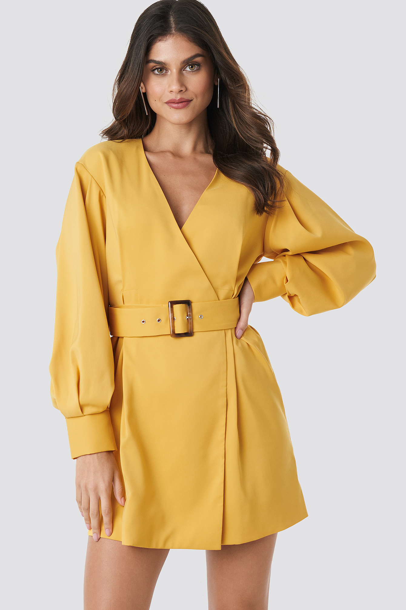 Balloon Sleeve Belted Blazer Dress Yellow