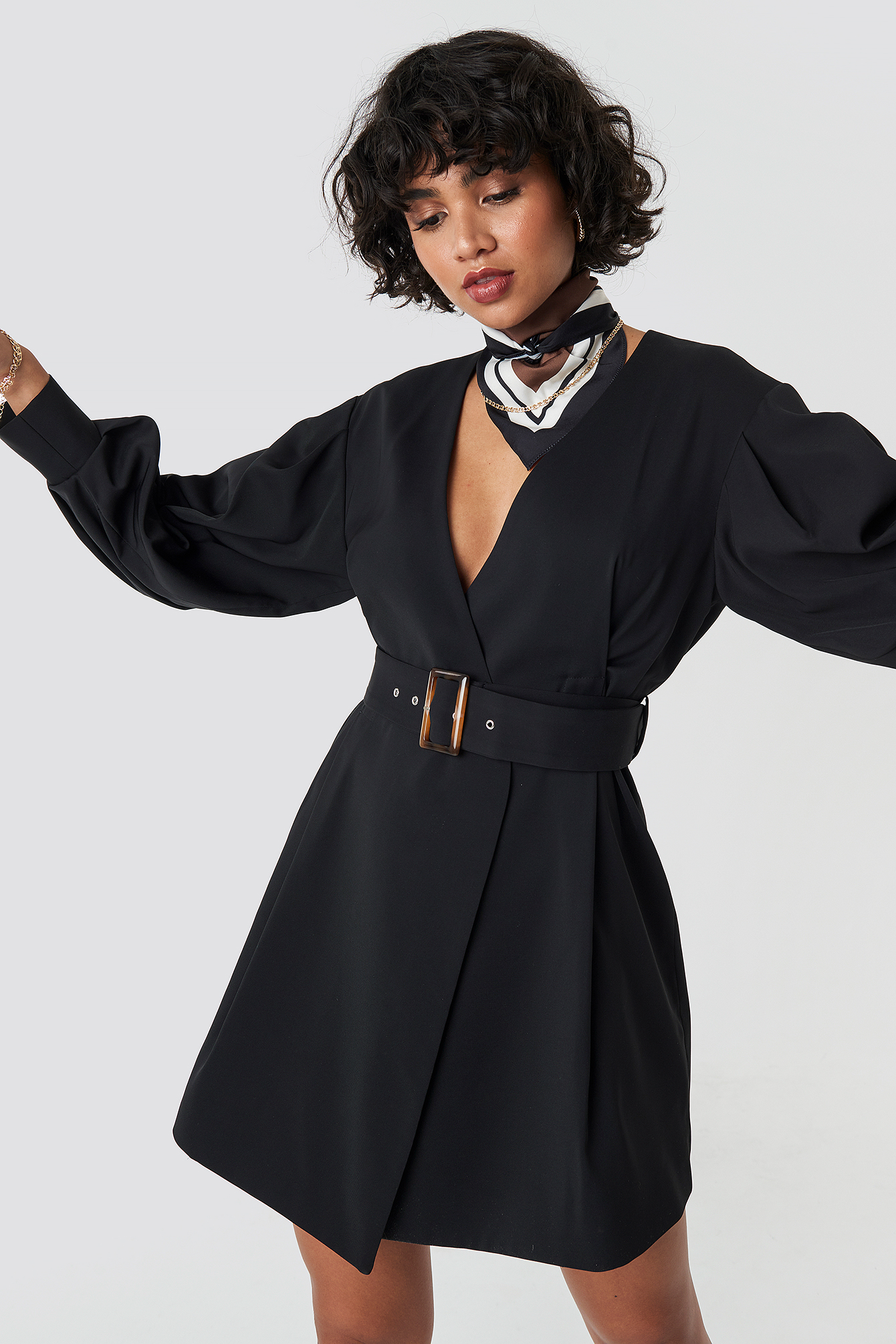 Balloon Sleeve Belted Blazer Dress Black