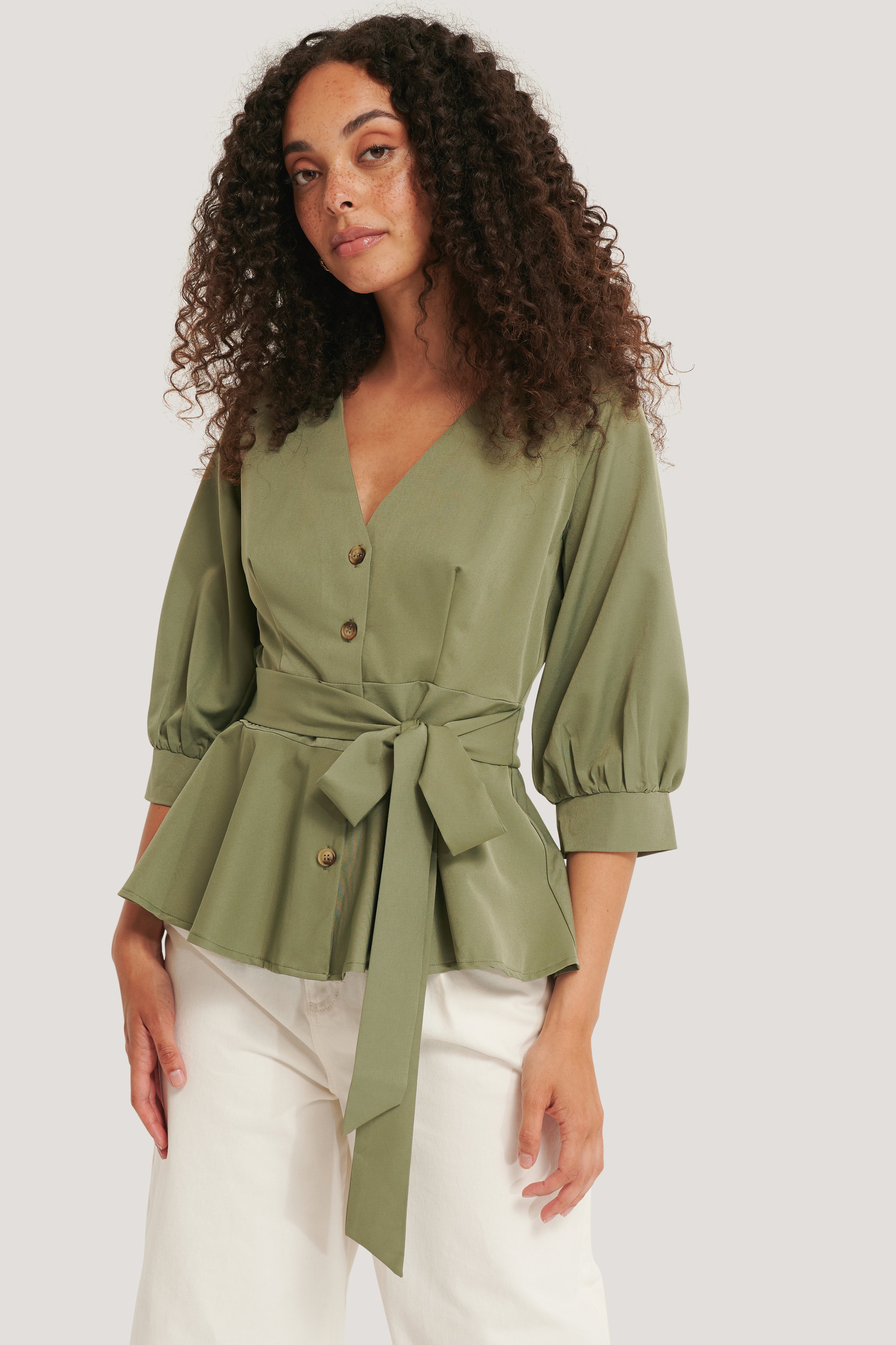 Green Balloon Sleeve Belted Blouse