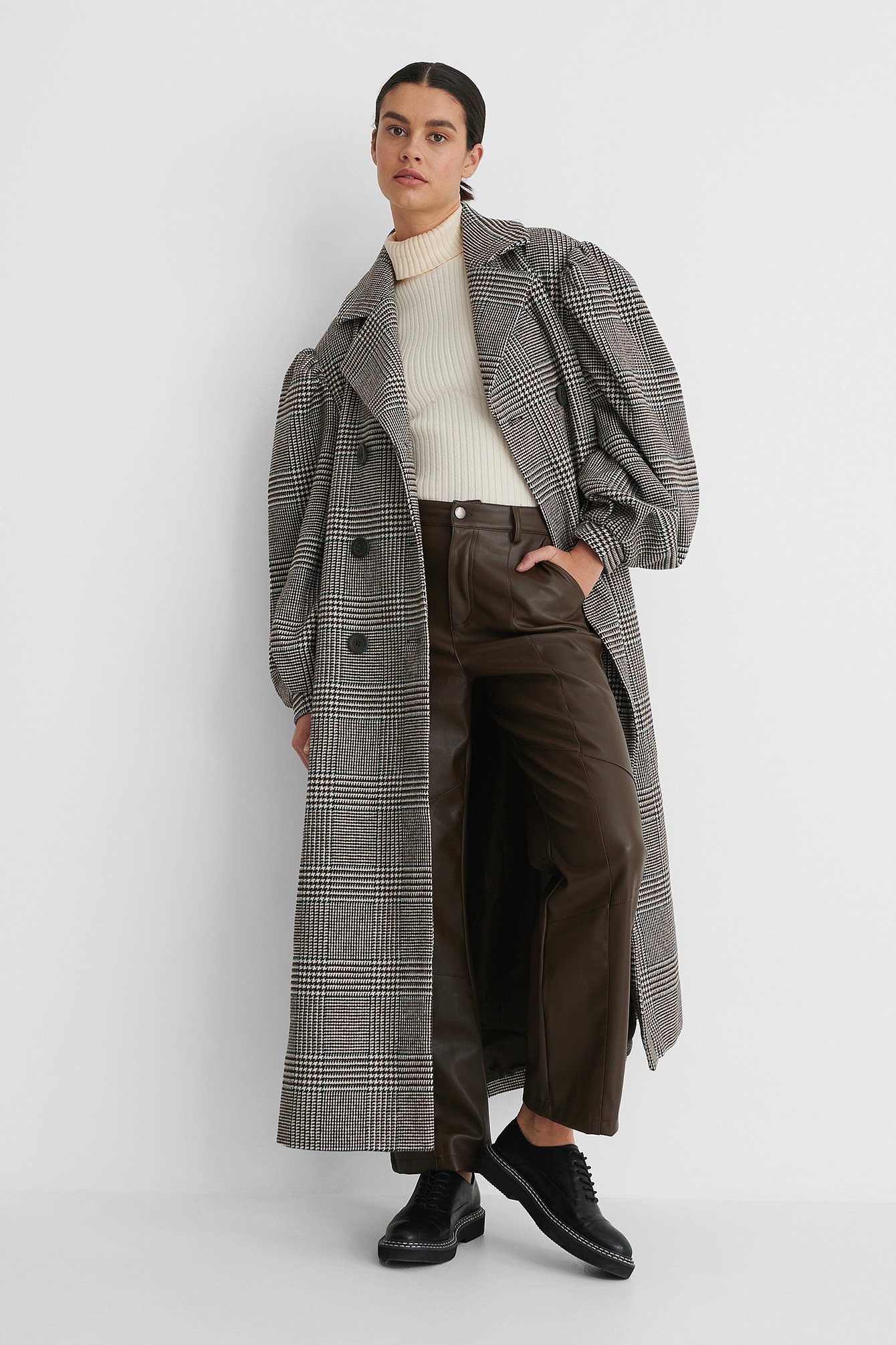 Checked Balloon Sleeve Belted Coat