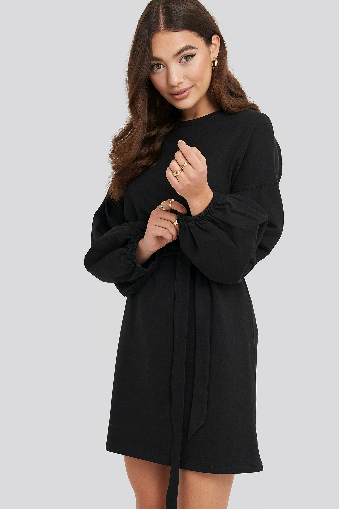 Balloon Sleeve Belted Dress Black
