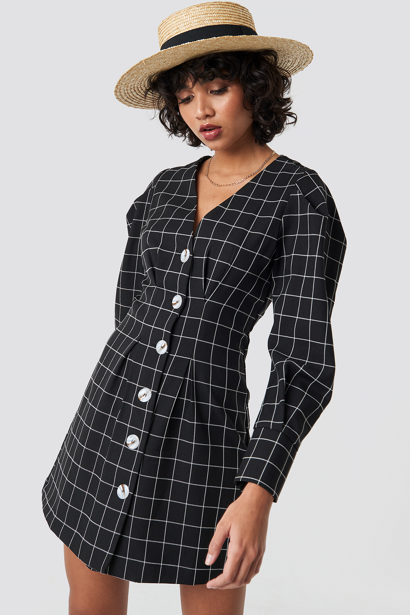 Balloon Sleeve Big Check Blazer Dress Black