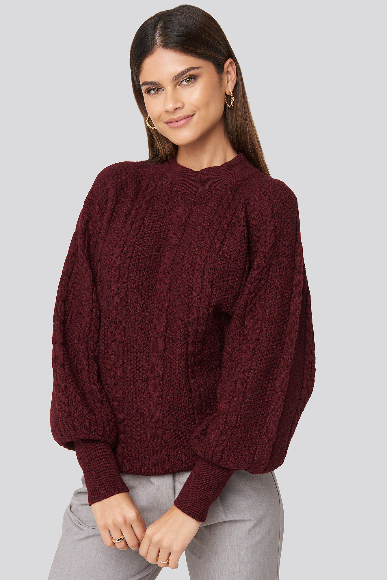 Balloon Sleeve Cable Knitted Sweater Burgundy