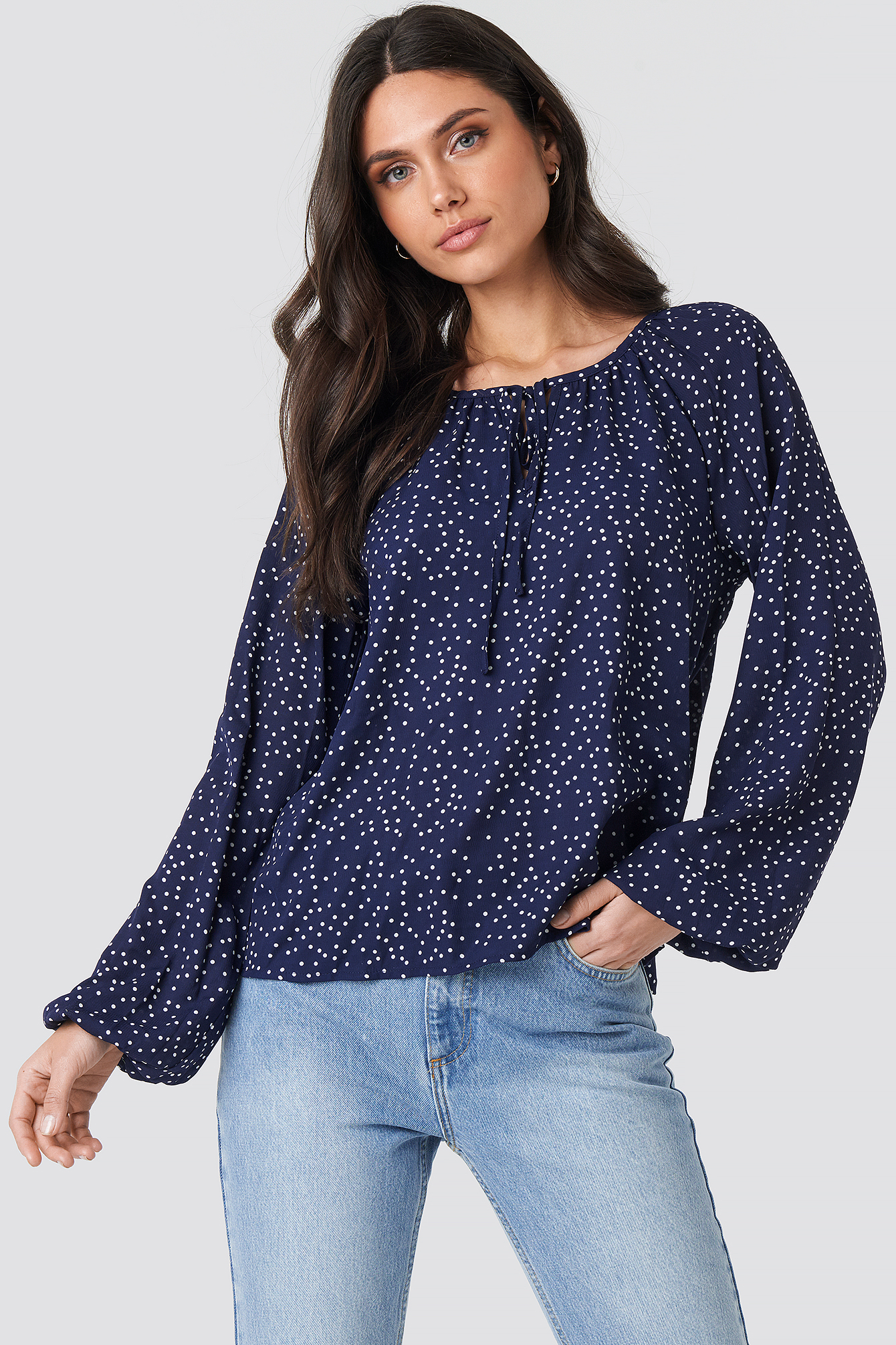 Balloon Sleeve Dotted Blouse Navy