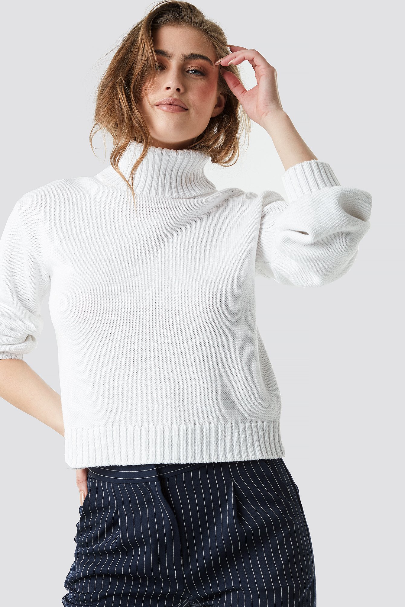 Balloon Sleeve High Neck Knitted Sweater White | na-kd.com