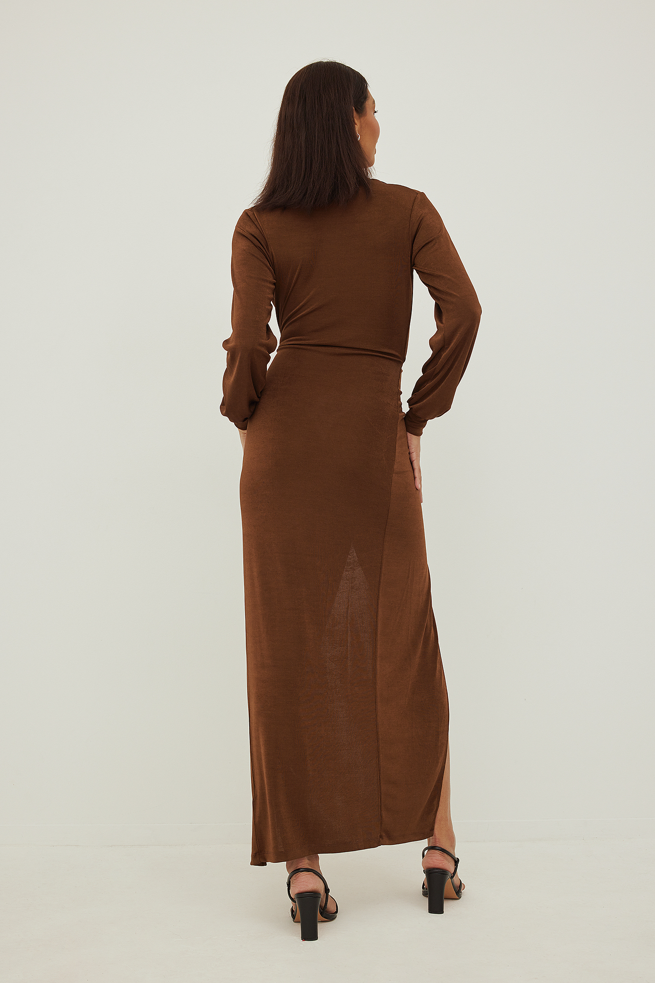 Brown Recycled Balloon Sleeve High Slit Dress