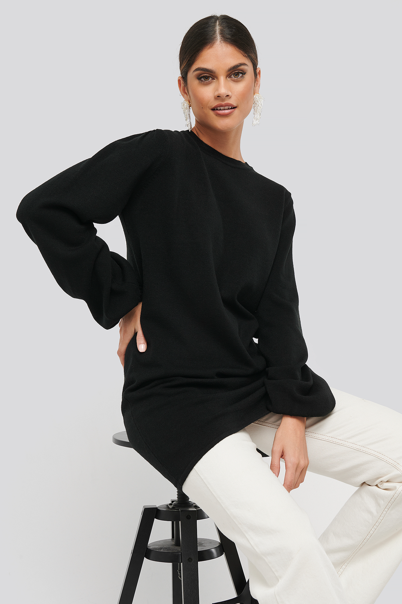 Black Balloon Sleeve Knitted Long Sweater