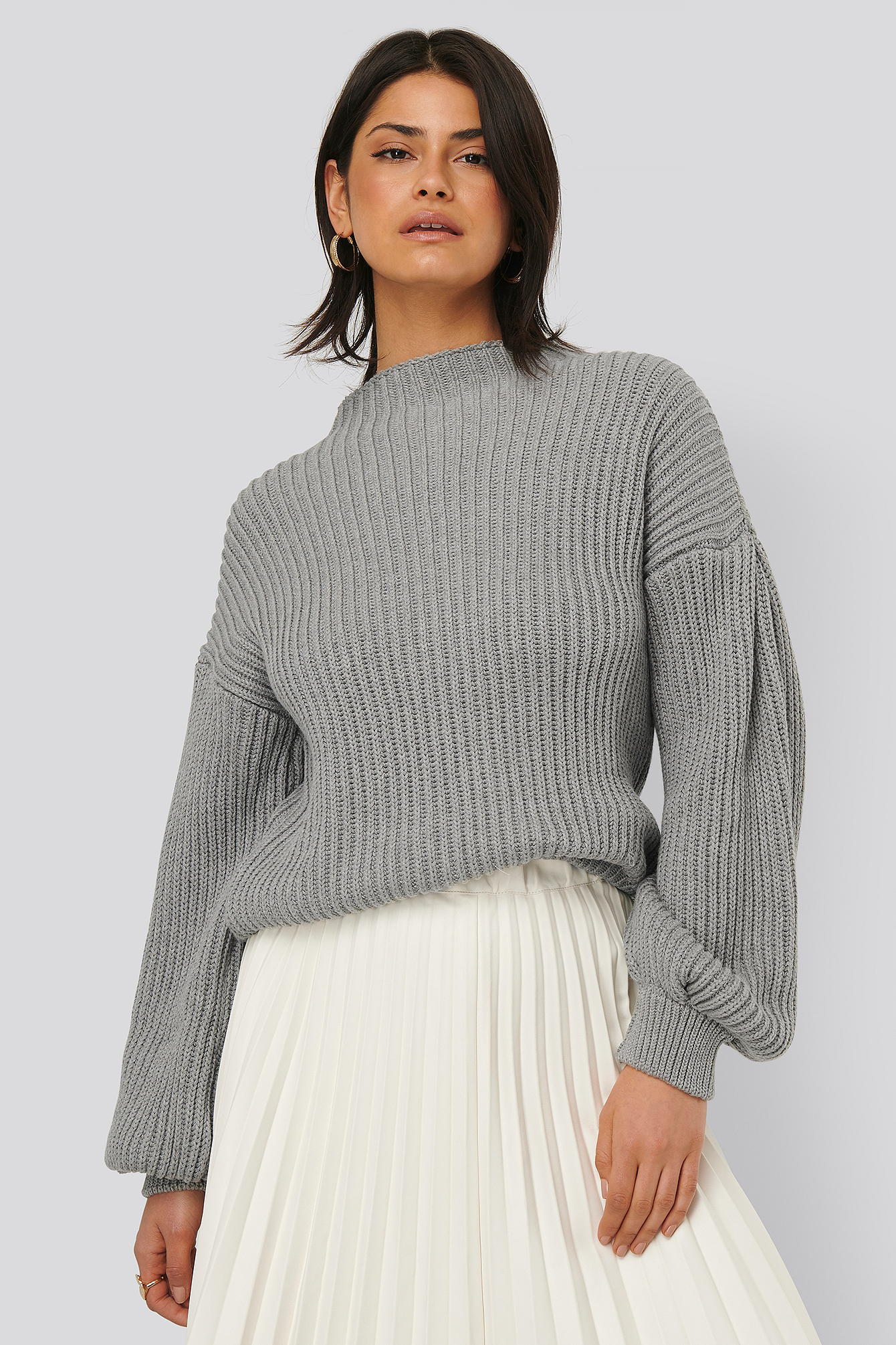 Balloon Sleeve Knitted Sweater Grå