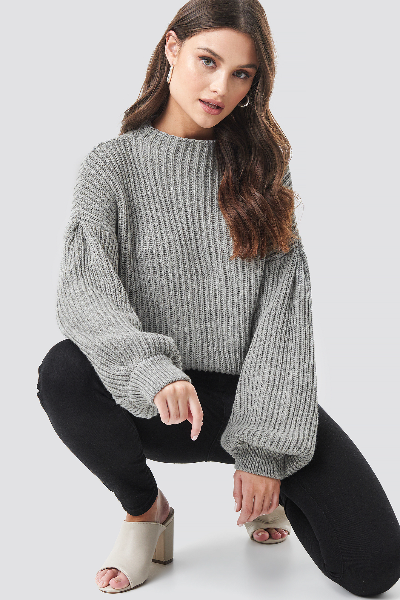 Balloon Sleeve Knitted Sweater Grey
