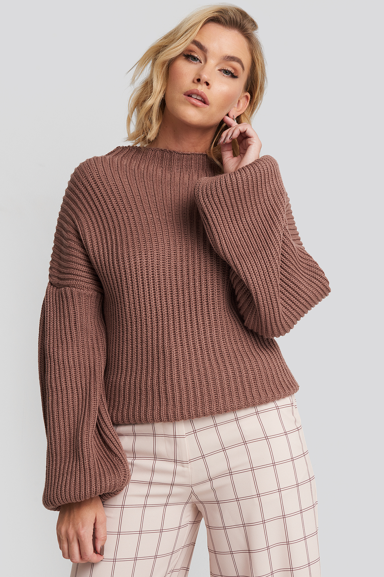 Balloon Sleeve Knitted Sweater Dusty Dark Pink