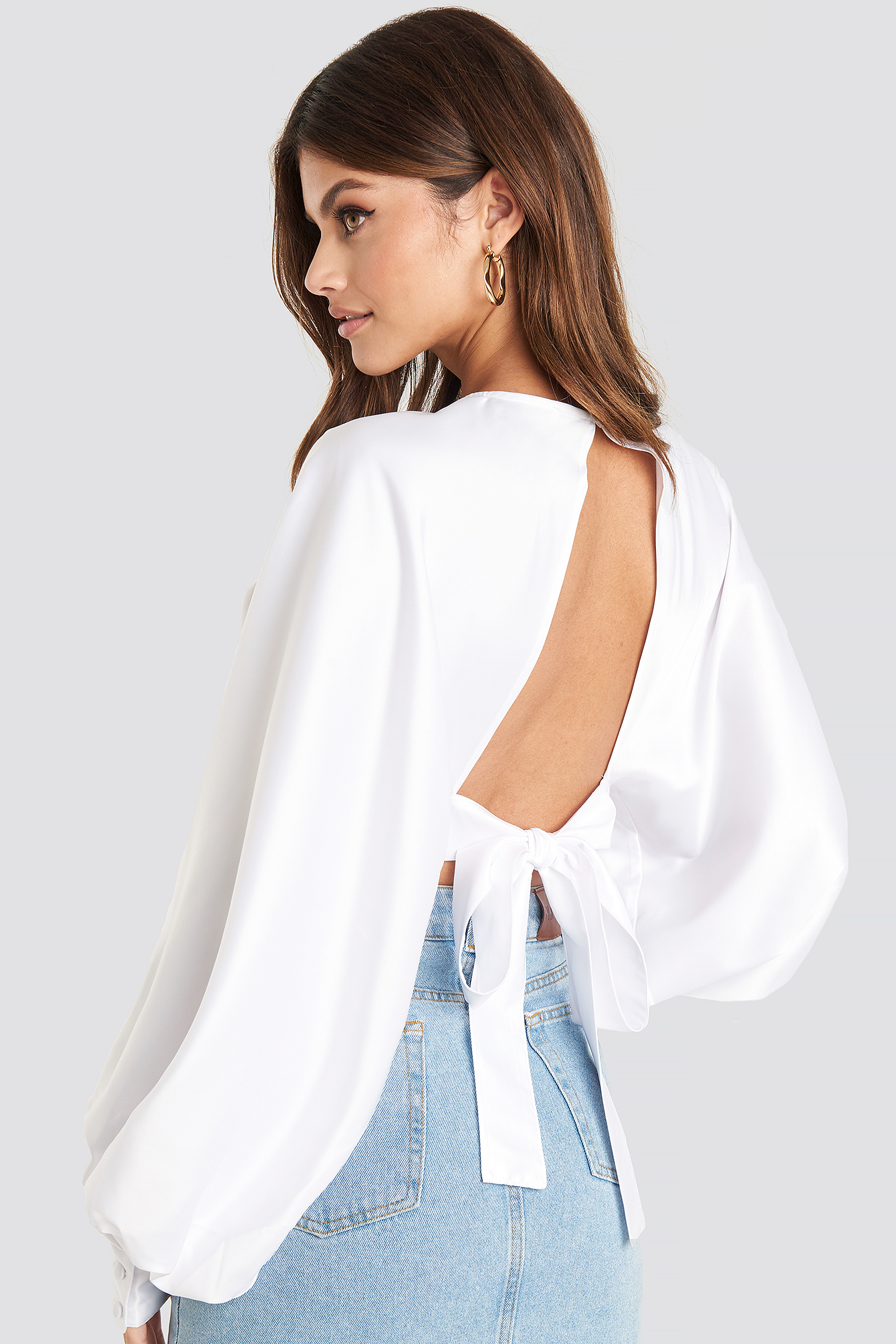 Balloon Sleeve Open Back Blouse White