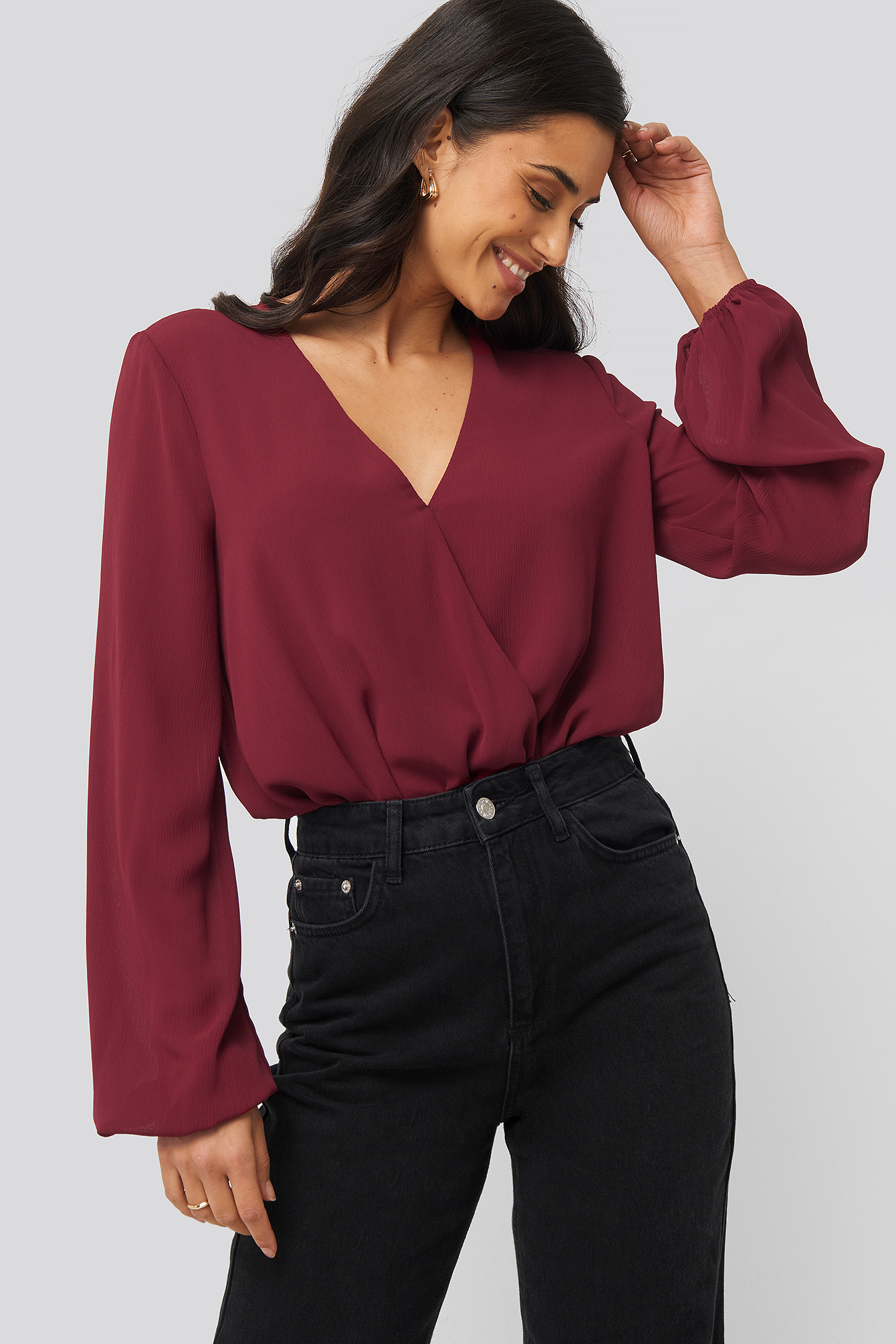 Balloon Sleeve Overlap Body Burgundy