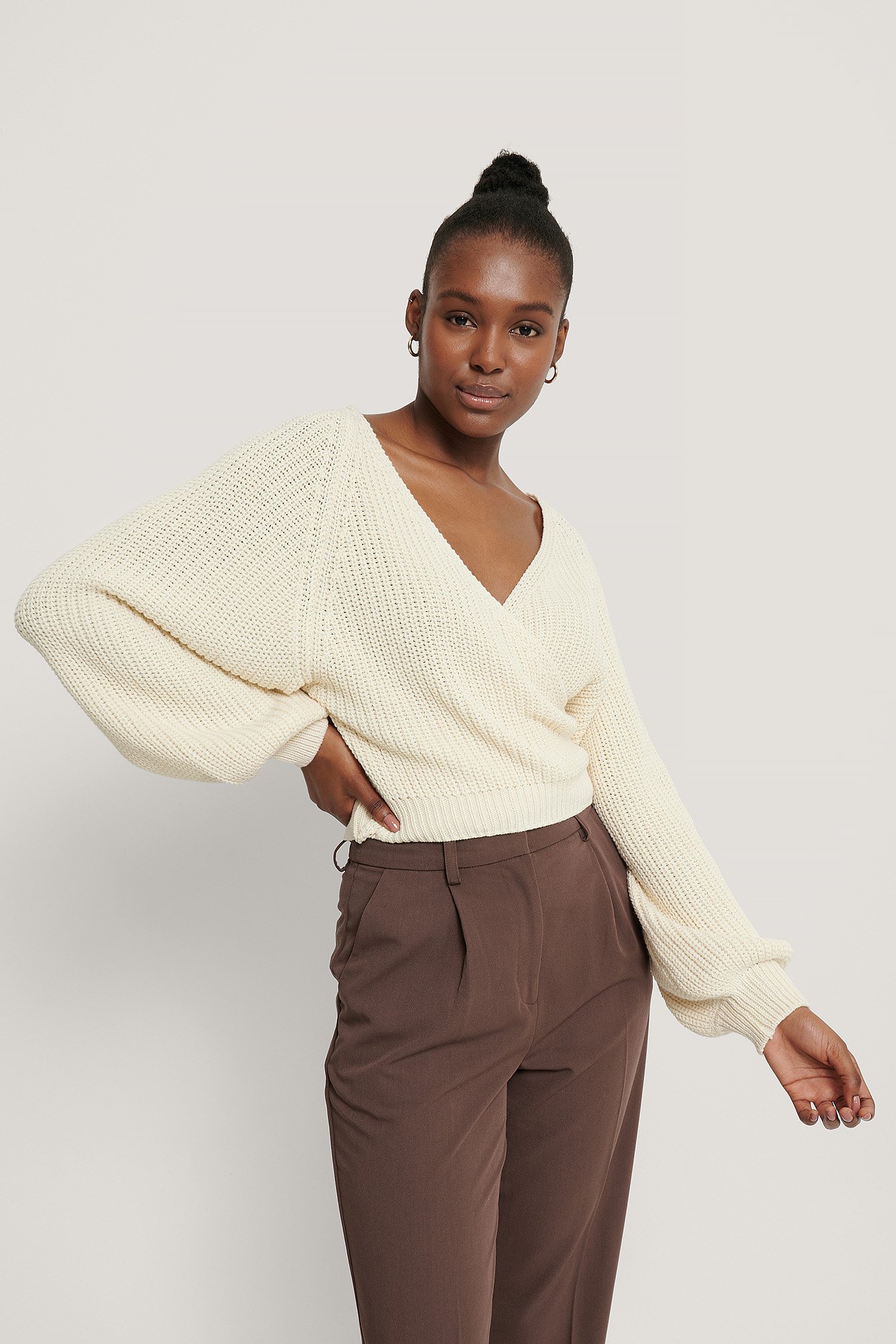 Cream Organic Balloon Sleeve Overlap Knitted Sweater