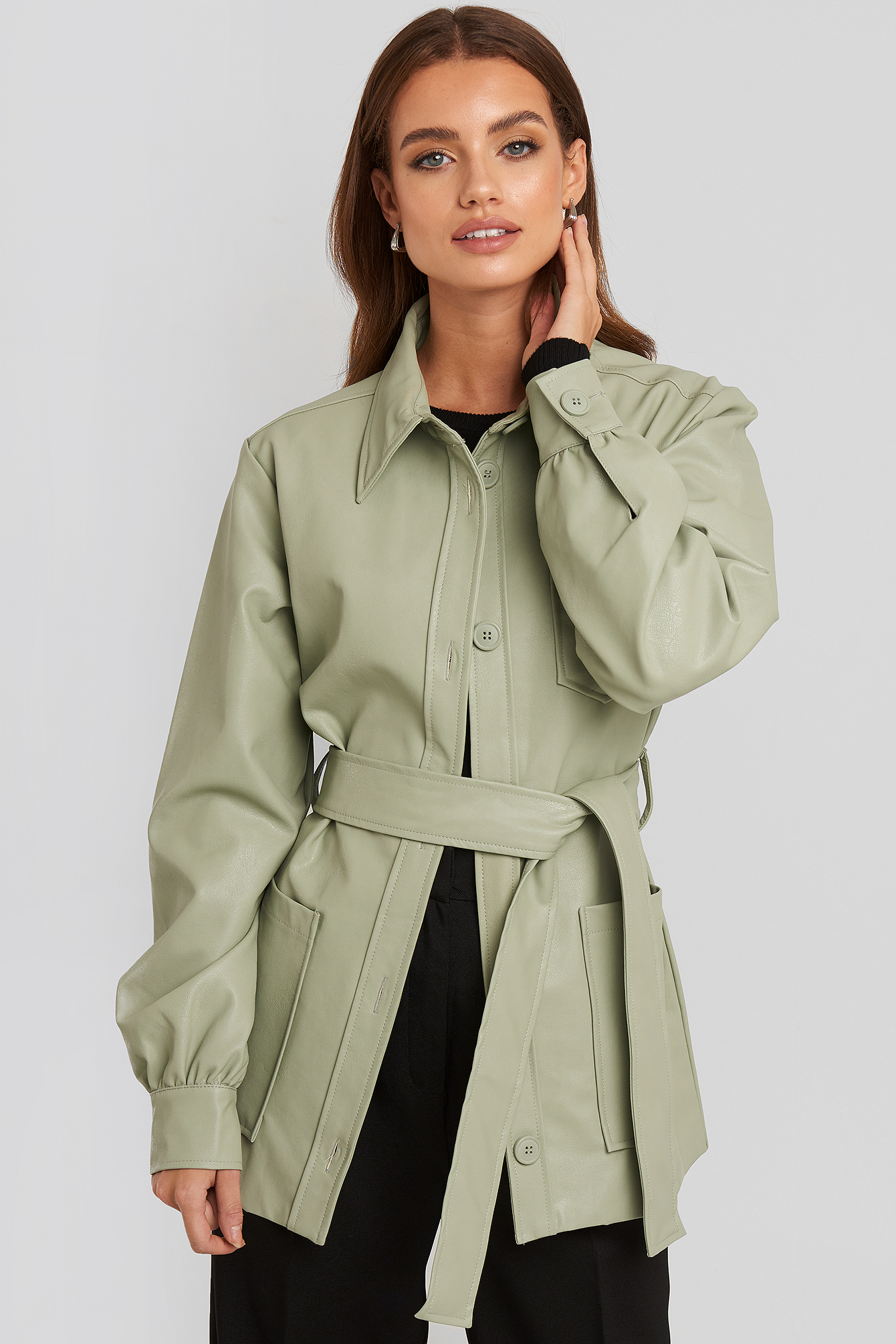 Balloon Sleeve Tied Waist Pu Jacket Pastel Green