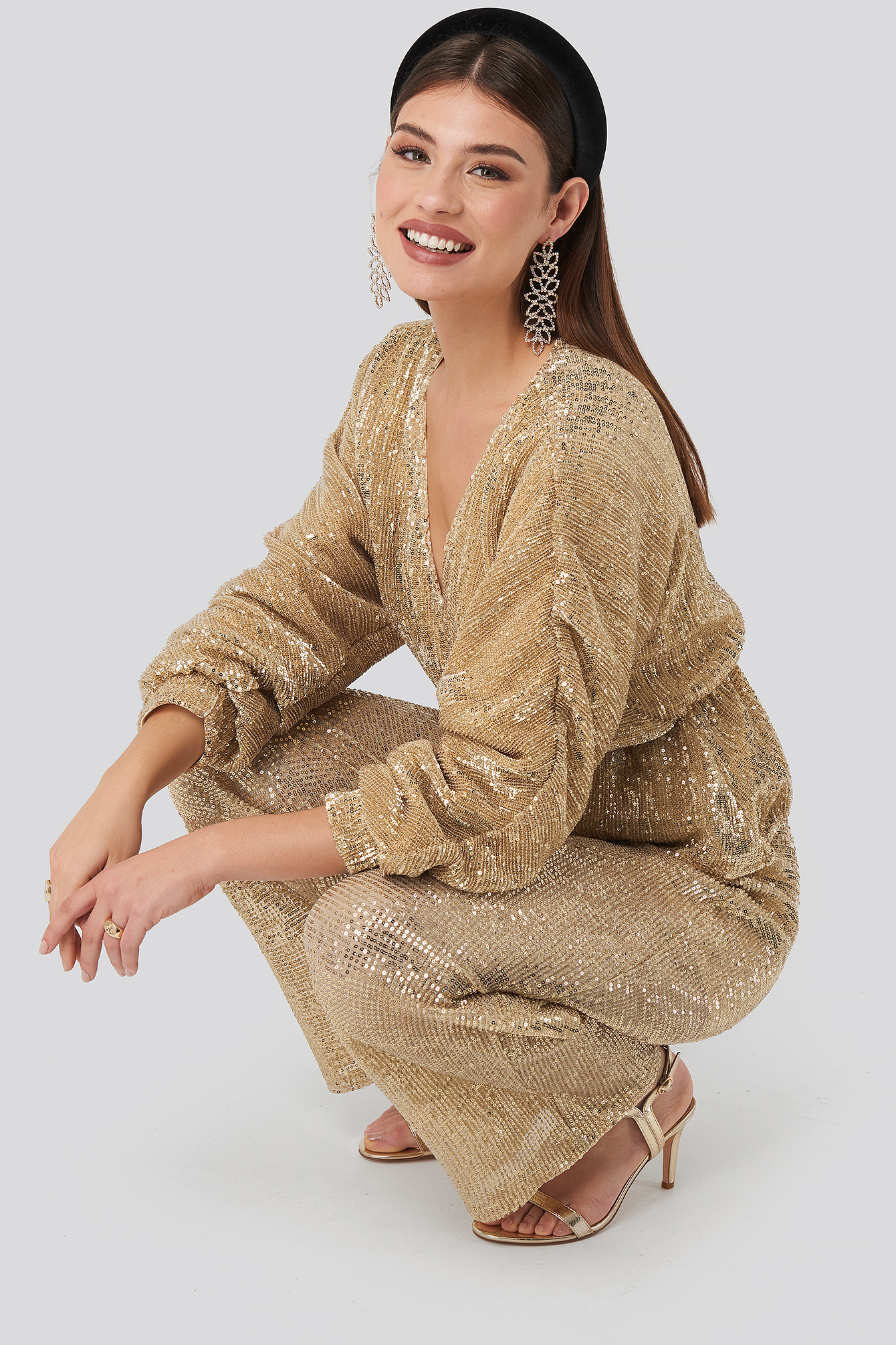 Balloon Sleeve V-Neck Sequin Blouse Gold