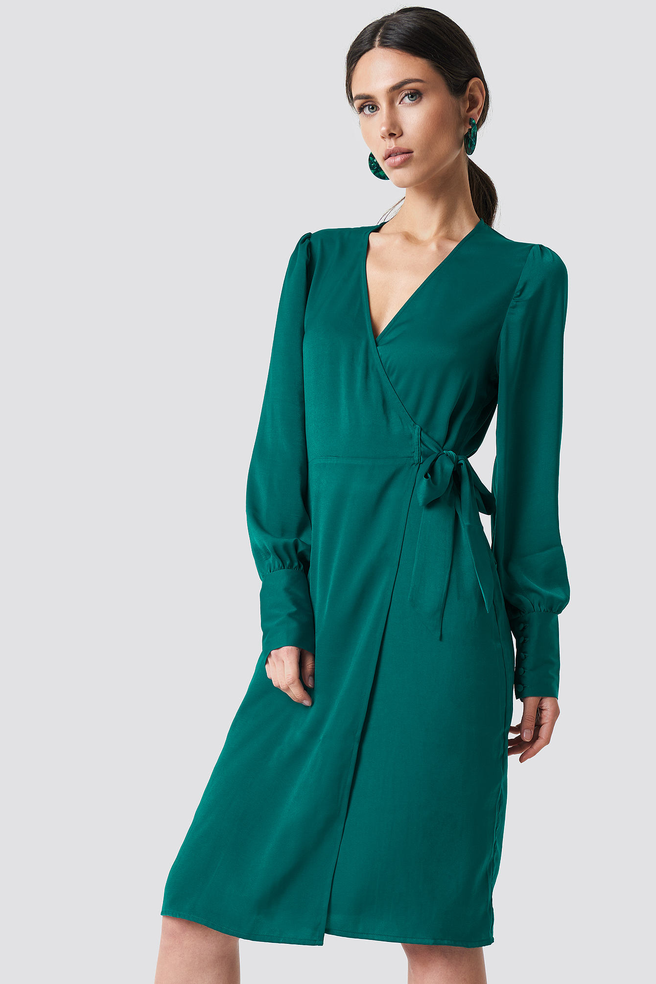 Balloon Sleeve Wrap Over Dress Emerald Green