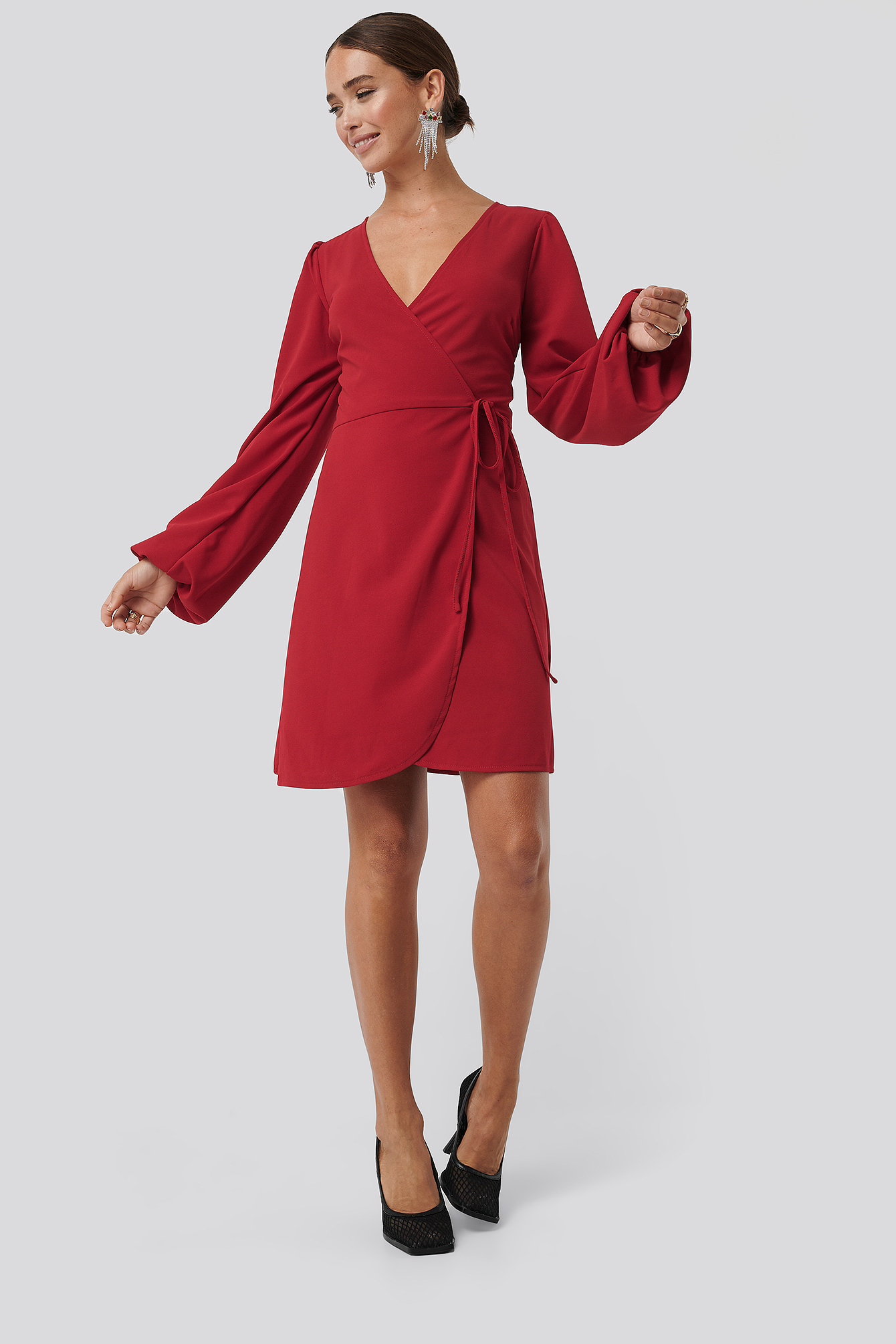 Overlap Balloon Sleeve Dress Red